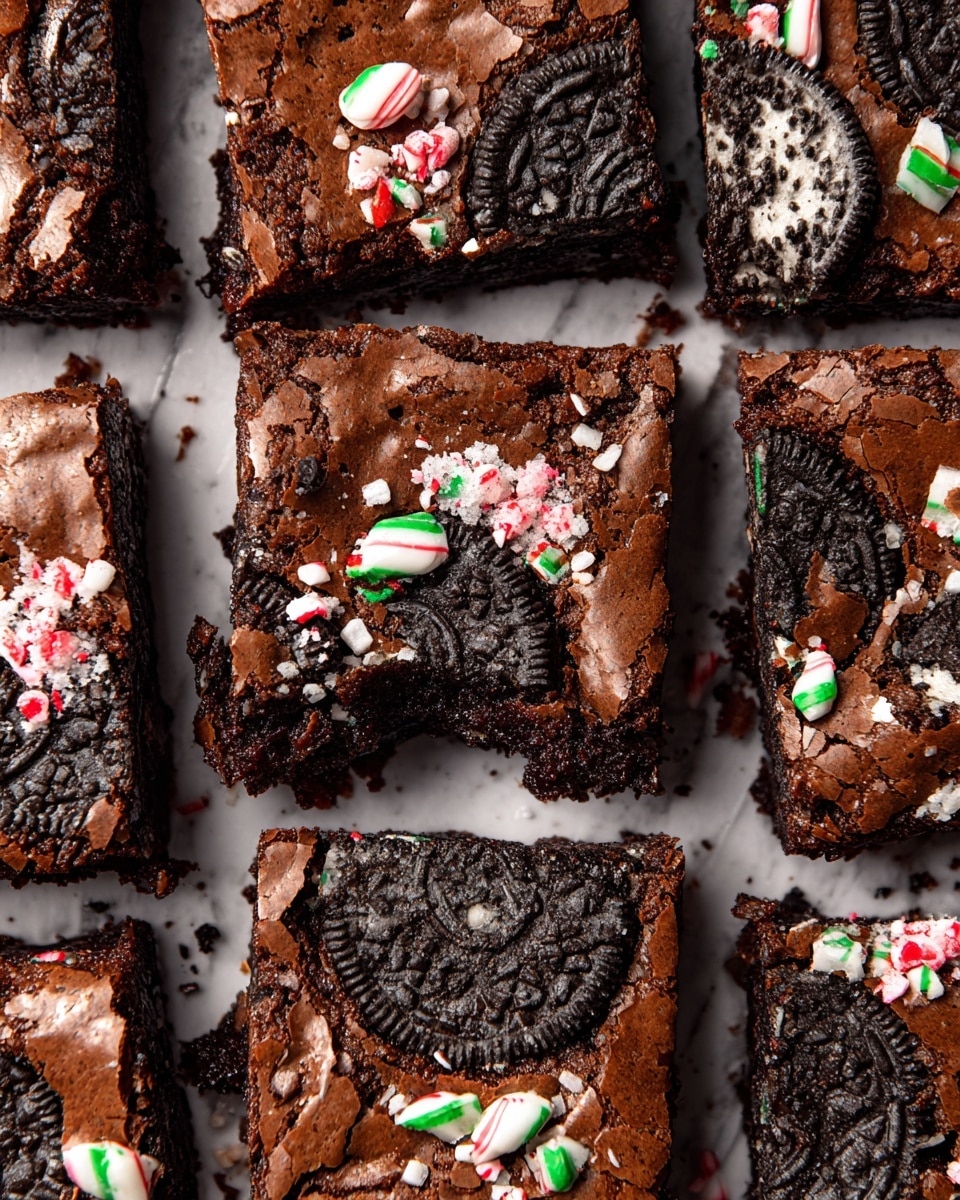 The image shows several square brownies placed closely together on a white marbled surface. Each brownie has a rich, dark brown base with a shiny, slightly cracked top layer. Embedded in the top layer are whole and broken Oreo cookies, their black and white colors creating a contrast against the dark brownie. Scattered across the brownies are small pieces of crushed candy canes in red, white, and green, adding a festive touch and a pop of color. The overall texture looks fudgy and dense with crunchy cookie bits on top. Photo taken with an iphone --ar 4:5 --v 7