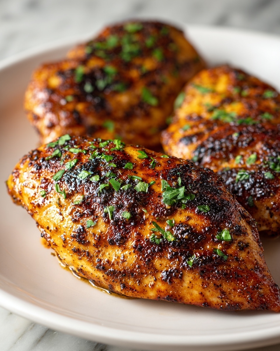 The image shows three pieces of cooked chicken breasts on a white plate. Each chicken breast has a crispy, golden-brown skin with dark charred spots, giving it a textured and flavorful look. The chicken is sprinkled with small, bright green chopped herbs on top, adding a fresh contrast to the warm, rich colors of the meat. The plate sits on a white marbled surface that is out of focus in the background. photo taken with an iphone --ar 4:5 --v 7