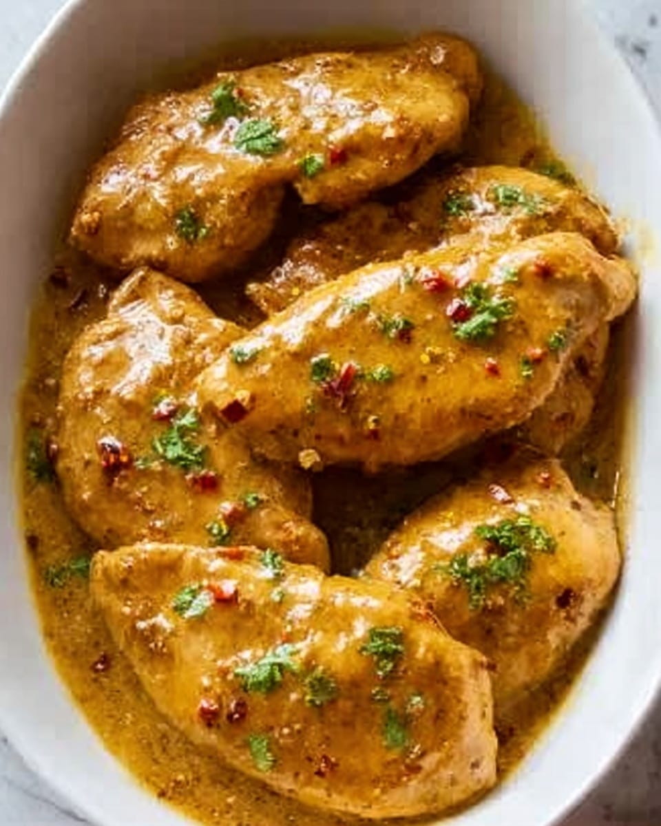 The image shows a white dish filled with several pieces of cooked chicken breasts covered in a thick, shiny, golden-brown sauce with visible red chili flakes. The chicken pieces have a smooth, slightly glossy texture and are topped with small, bright green herb leaves scattered unevenly. The sauce looks rich and creamy, pooling around the chicken pieces at the bottom of the dish. The background surface is a white marbled texture. Photo taken with an iphone --ar 4:5 --v 7