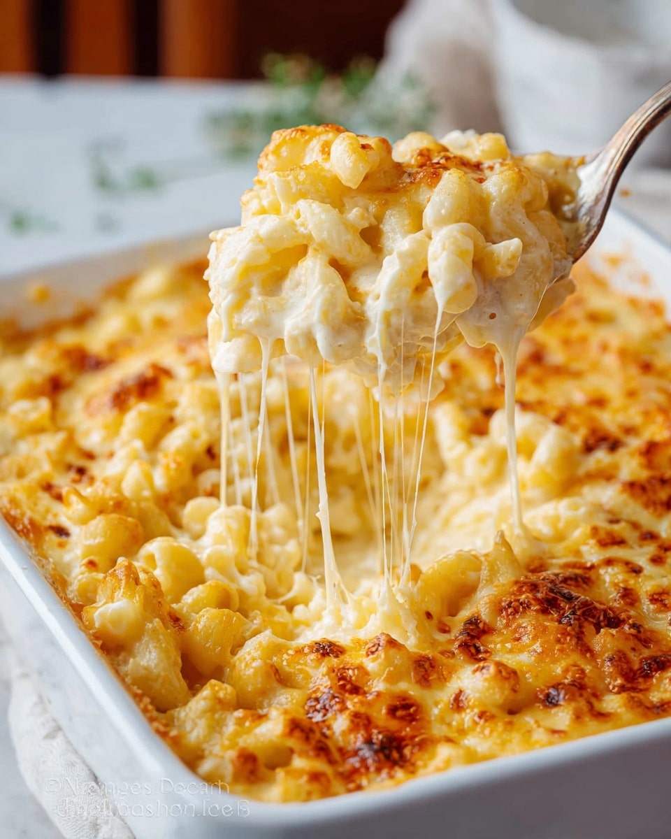A white rectangular baking dish filled with creamy macaroni and cheese. The macaroni pasta is covered with a thick layer of melted, golden-brown cheese that stretches in long strings as a spoon lifts a portion out of the dish. The top layer has a bubbly, slightly browned texture, while the layers below show soft, smooth, and cheesy pasta pieces. The dish sits on a white marbled surface, with a softly blurred background giving a warm and inviting feel. photo taken with an iphone --ar 4:5 --v 7