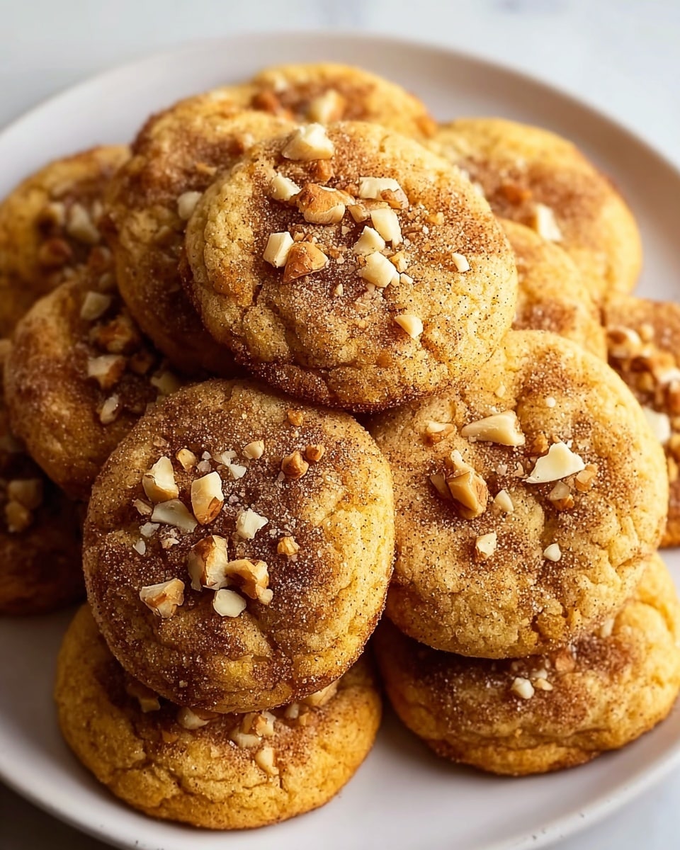 A stack of nine round cookies on a white plate, each cookie showing a soft golden-brown color with a slightly cracked surface. The cookies are topped with small pieces of chopped nuts scattered unevenly, giving texture and contrast with creamy light beige and darker brown shades. The cookies appear thick and soft, with some areas slightly darker where cinnamon or sugar is sprinkled, creating a speckled pattern. The white plate is placed on a white marbled surface. photo taken with an iphone --ar 4:5 --v 7