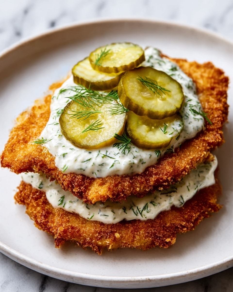The image shows two golden brown, crispy fried cutlets stacked on a white plate with a white marbled surface background. The cutlets have a rough crunchy texture with an even fried crust. On top of the cutlets is a creamy white sauce that looks thick and smooth, decorated with small green dill sprigs evenly spread. Thin, light green pickle slices with a slightly shiny surface are layered on the sauce, adding a fresh look. The overall dish has warm and cool colors with the crispy brown cutlets contrasted by the white sauce and green pickles, presented simply but appealing. Photo taken with an iphone --ar 4:5 --v 7