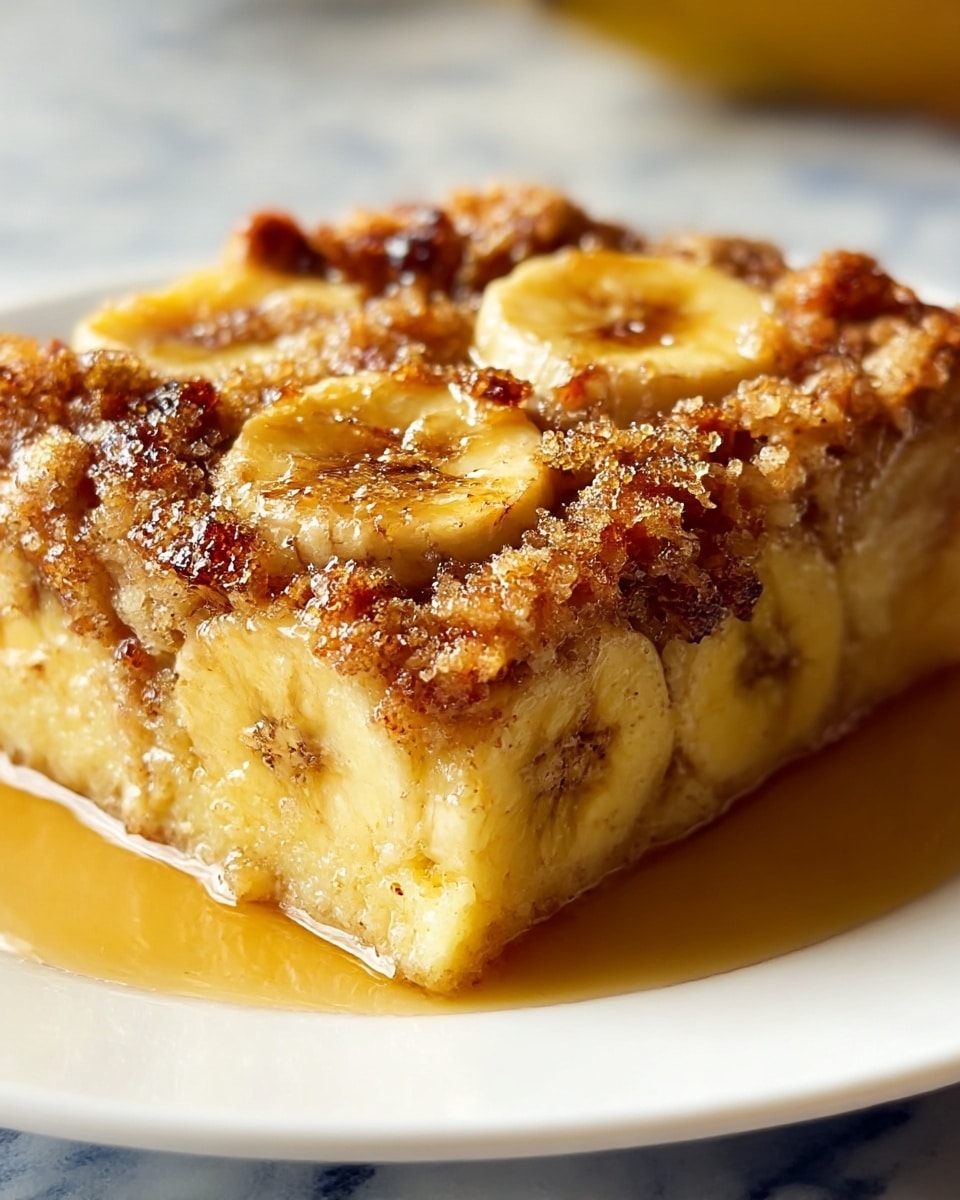 A close-up of a square piece of banana dessert with three visible layers: the bottom layer is a soft, light yellow cake with banana slices embedded inside; the middle layer is a golden-brown syrup soaked into the cake, creating a shiny texture around the base; the top layer is a crumbly, golden-brown streusel with small clusters and sugar crystals sprinkled on top. The dessert is served on a white plate, placed on a white marbled surface, with a blurred yellow fruit in the background. Photo taken with an iphone --ar 4:5 --v 7
