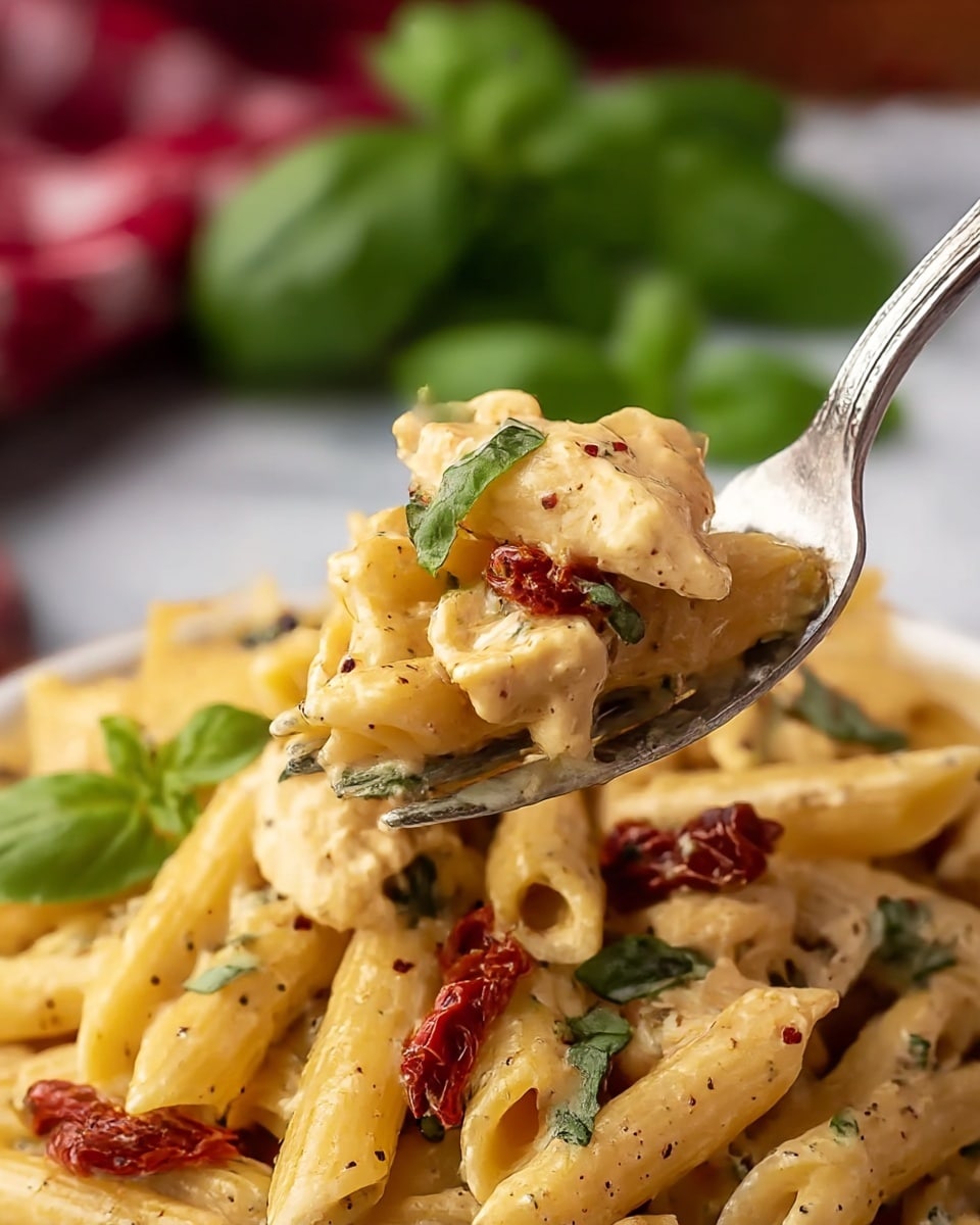 A close-up view of cooked penne pasta coated with a creamy light yellow sauce, mixed with pieces of cooked chicken that are white and tender, scattered throughout the dish. Dark green fresh basil leaves and small bits of finely chopped herbs add contrast and texture on top of and within the pasta. Deep red sun-dried tomatoes provide pops of color, sitting on and among the pasta. The pasta is served in a white bowl with a visible silver fork lifting a bite of pasta, chicken, a piece of sun-dried tomato, and a basil leaf above the bowl. The background shows a white marbled texture with a few green basil leaves out of focus. Photo taken with an iphone --ar 4:5 --v 7