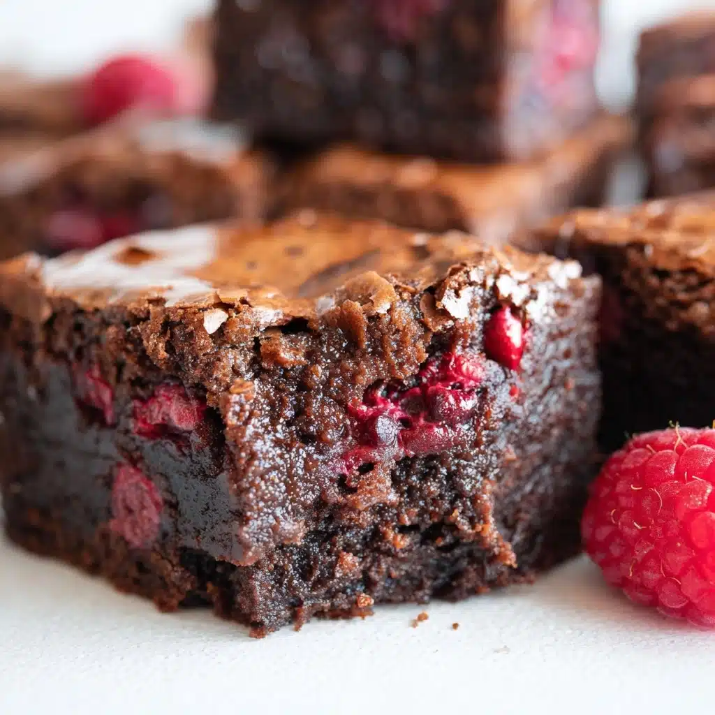 The image shows a close-up of a chocolate raspberry brownie cut into square pieces; each piece has two visible layers – a slightly cracked, rich brown, glossy top layer with a slightly crispy texture, and a dense, fudgy dark brown bottom layer embedded with juicy, bright red raspberries that add pops of color and texture. The brownie interior looks moist with a combination of smooth and crumbly textures. Fresh raspberries surround the brownie pieces, adding freshness and vibrant contrast to the deep chocolate hues. Photo taken with an iphone --v 7.0