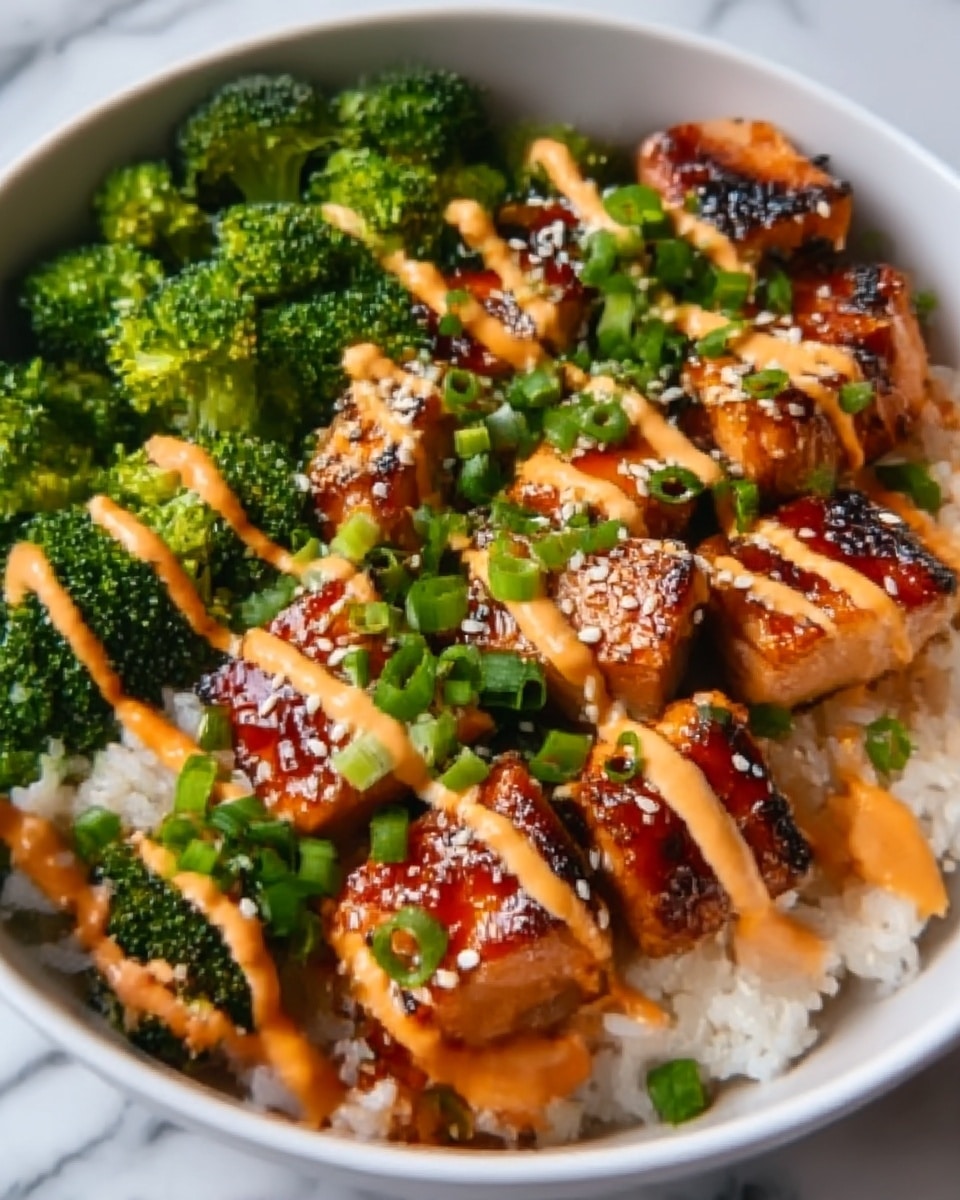 A white bowl filled with a base layer of white rice, topped with bright green broccoli florets arranged on one side. On the other side, there is a layer of orange grilled salmon pieces with a slight char, drizzled with a creamy light orange sauce and sprinkled with white sesame seeds and chopped green herbs. The texture of the salmon looks tender and slightly glazed. The background is a white marbled texture. photo taken with an iphone --ar 4:5 --v 7