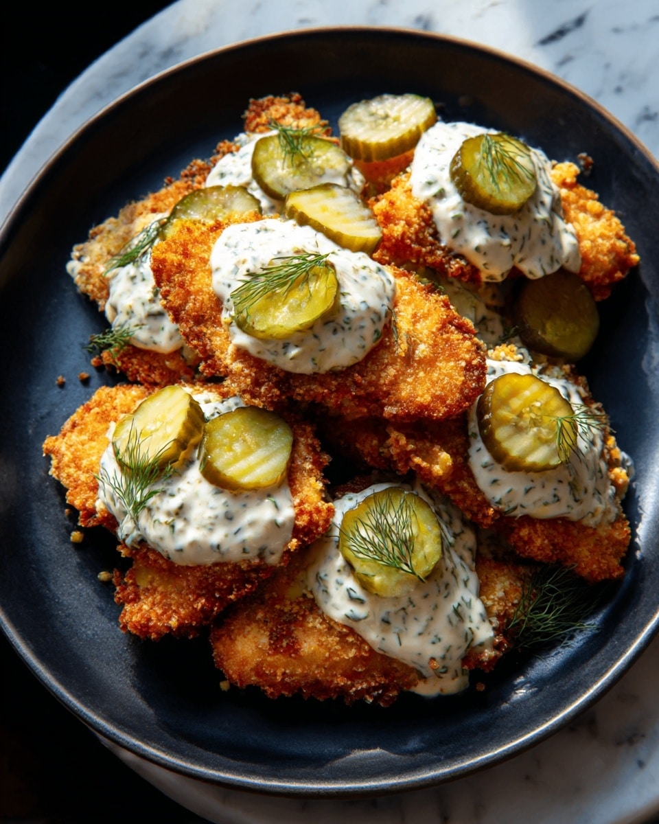 A black plate holds several pieces of crispy, golden-brown fried chicken cutlets arranged closely together. Each cutlet is topped with a white creamy sauce that has visible specks of herbs. Sliced pickles with a greenish-yellow color are scattered evenly over the sauced chicken pieces. The plate sits on a white marbled surface with some herbs faintly visible around the edges, adding a fresh touch. Photo taken with an iphone --ar 4:5 --v 7