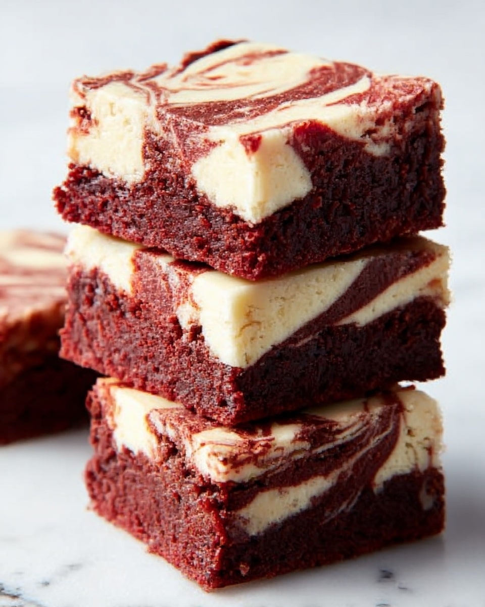 A stack of three square red velvet brownies with white cream cheese swirls on top, each layer showing a rich, dark red texture mixed with smooth white patterns. The brownies are thick and moist with slight crumbly edges, placed on white parchment paper against a white marbled surface background. The top layer clearly shows the creamy swirl design, while the middle and bottom layers reveal the dense red base. Photo taken with an iphone --ar 4:5 --v 7