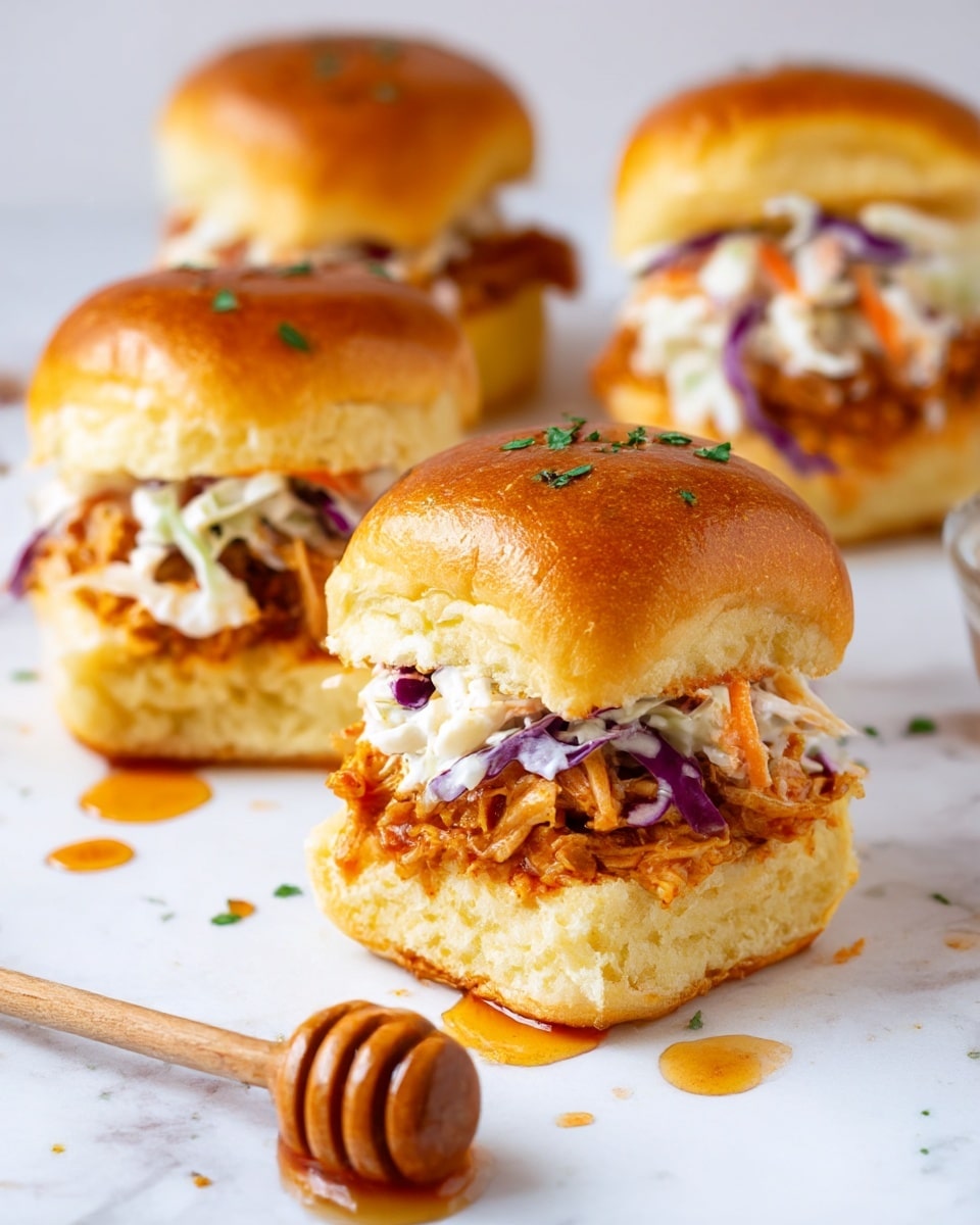 The image shows four small sandwiches on a white marbled surface. Each sandwich has three layers: a soft golden brown bun on top with a sprinkle of green herbs, a middle layer of creamy coleslaw with white and purple cabbage strands mixed with a light dressing, and a bottom layer of pulled chicken coated in a rich orange-brown barbecue sauce. The sandwiches look moist and slightly messy with sauce dripping, and there is a wooden honey dipper next to them with some sauce on the surface. Photo taken with an iphone --ar 4:5 --v 7