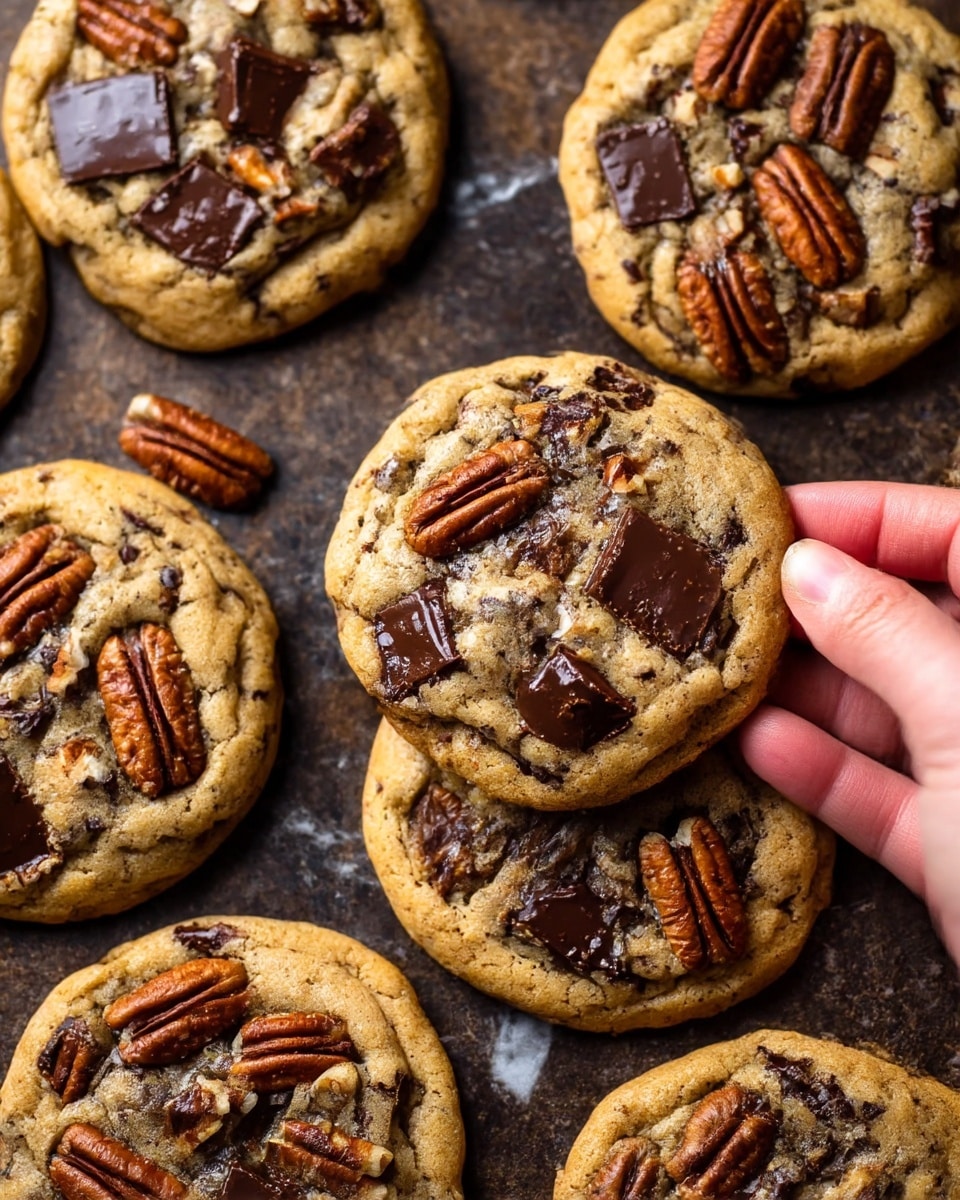 The image shows several thick cookies with a golden brown base, each loaded with large chunks of dark chocolate and whole pecan nuts spread on top. The texture of the cookies is soft and slightly bumpy with melted chocolate pieces creating shiny, dark spots. One cookie is being gently picked up by a woman's hand, showing the cookie’s round shape and slightly cracked surface. The cookies rest on a baking tray with a rough, dark surface beneath them. photo taken with an iphone --ar 4:5 --v 7