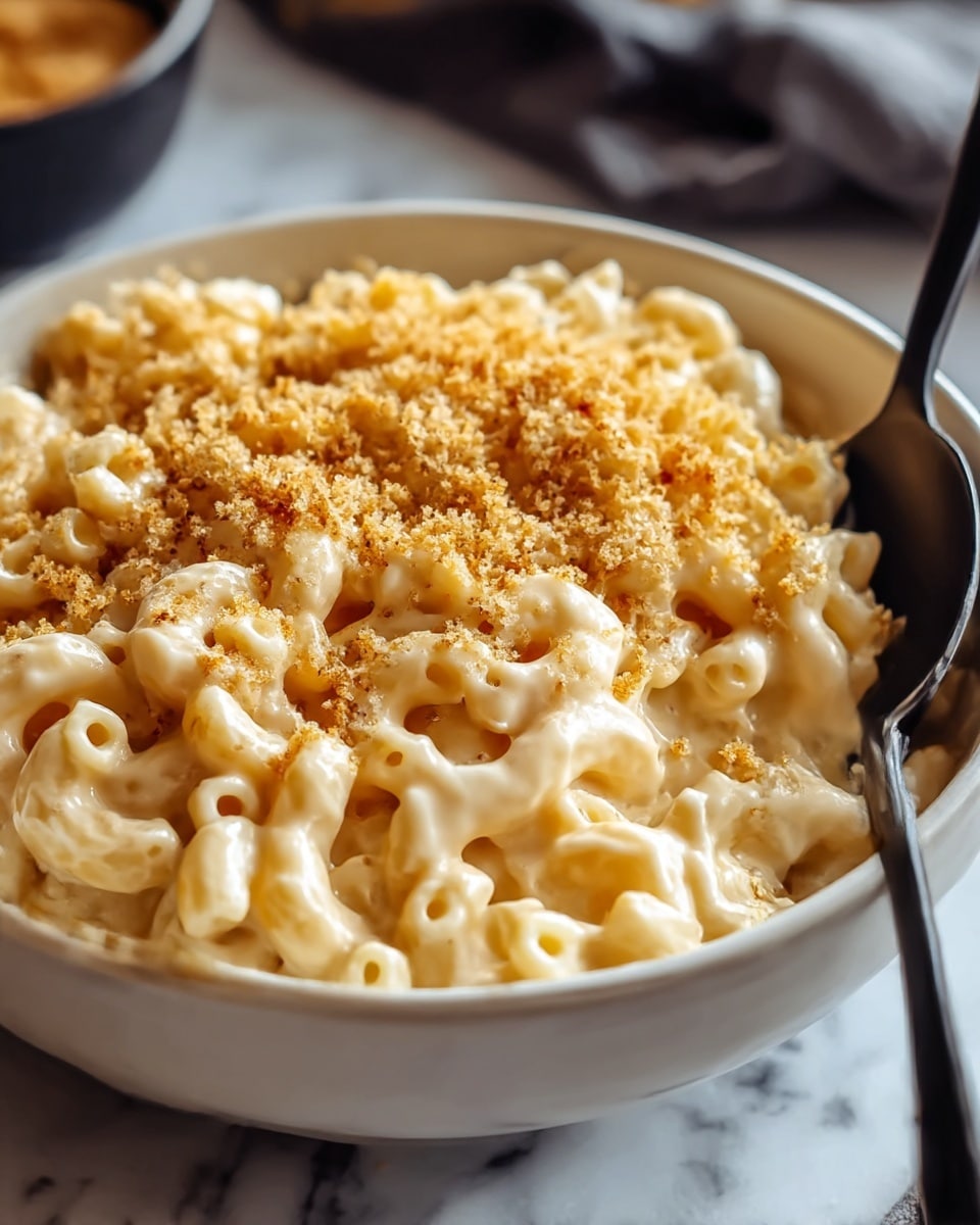 A bowl filled with creamy macaroni and cheese, showing one layer of elbow macaroni pasta coated in rich, smooth melted cheese sauce, topped with a sprinkling of golden-brown breadcrumbs, creating a crispy texture on top. The pasta looks soft and slightly shiny from the cheese, and a black spoon is partially inserted into the dish on the right side. The bowl is white and set on a white marbled surface with some blurred background elements. Photo taken with an iphone --ar 4:5 --v 7