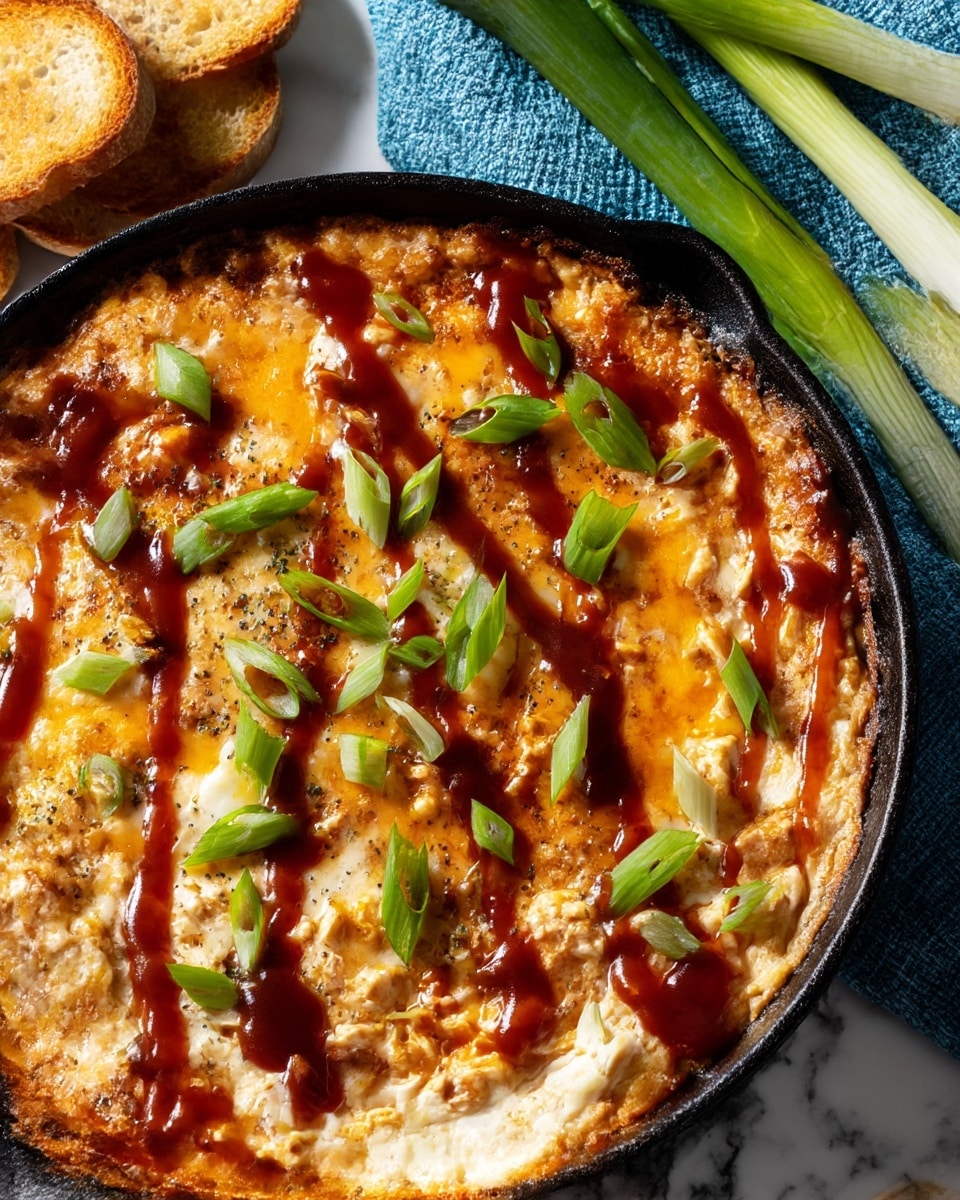The dish is a one-layer baked cheesy dip served in a black cast-iron skillet. The top layer is golden-brown melted cheese with some white creamy spots and darker browned edges. There are swirls of dark reddish-brown sauce spread across the surface and scattered bright green sliced scallions on top. The skillet is placed on a wooden board with a blue cloth underneath, and a green scallion lies next to it. Toasted bread slices are partially visible on a white marbled surface beside the skillet. Photo taken with an iphone --ar 4:5 --v 7