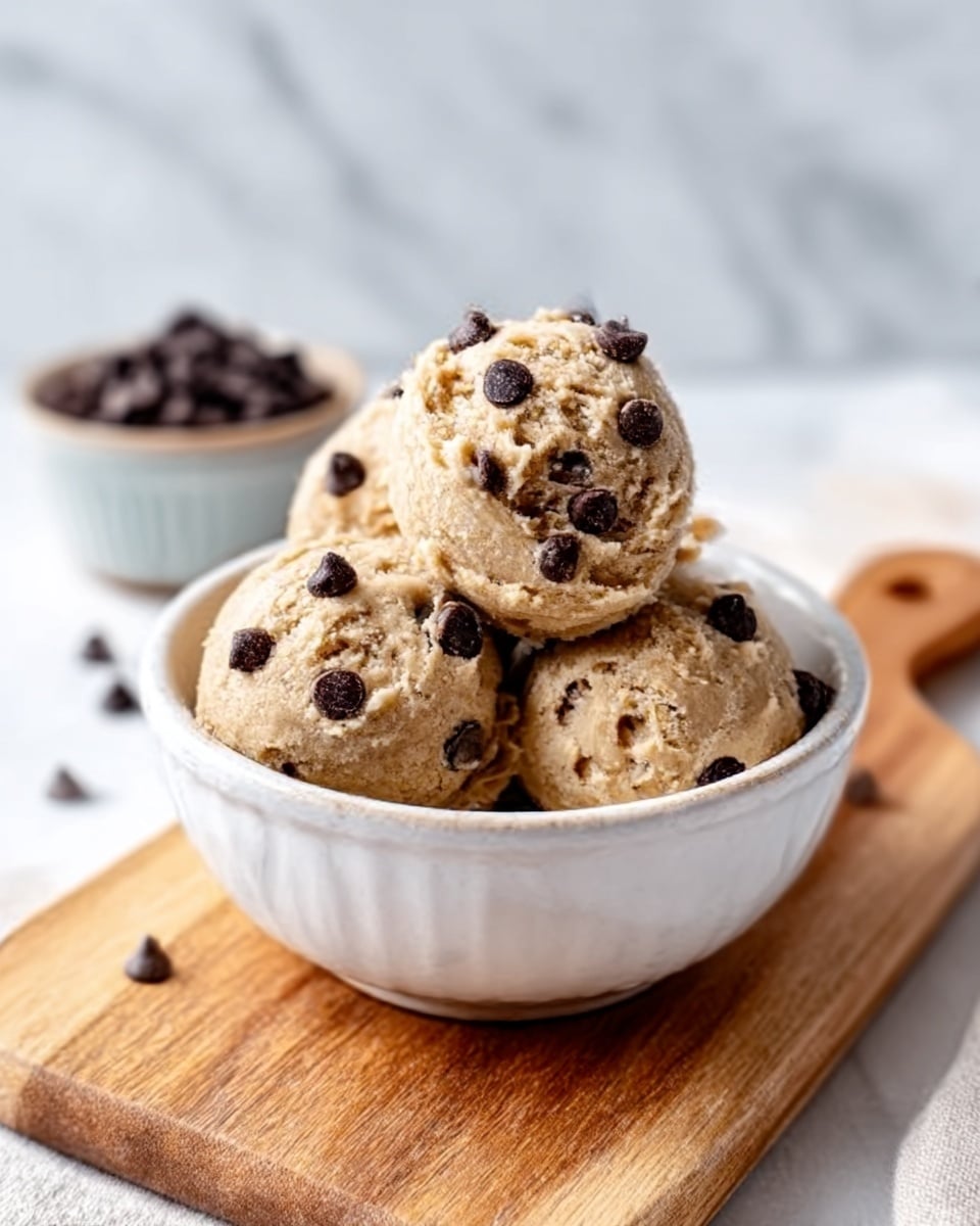The image shows a white bowl filled with three scoops of light brown cookie dough topped with small dark chocolate chips. The bowl sits on a wooden board, with a blurred white marbled background. In the background, there is a small bowl containing more dark chocolate chips. The cookie dough has a rough texture with visible chocolate chips on each scoop. The photo taken with an iphone --ar 4:5 --v 7
