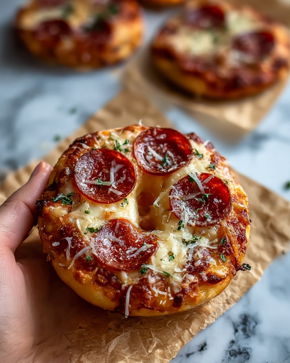 A close-up of a small round pizza with four layers: at the base, a golden-brown crust that is slightly crispy; above that, a layer of melted cheese with a creamy texture; next, shiny dark red pepperoni slices scattered evenly; and on top, finely chopped green herbs and white grated cheese sprinkled all over. The pizza is held by a woman's hand from the left side, set on crumpled brown parchment paper, with a blurred background showing parts of two similar pizzas and some green herbs. The whole scene is on a white marbled surface. photo taken with an iphone --ar 4:5 --v 7