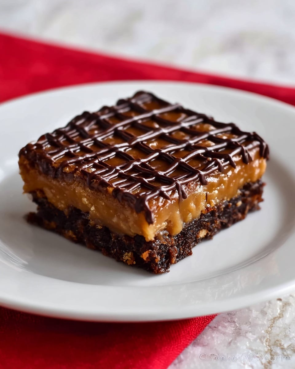 A square dessert bar is shown on a white plate with a white marbled texture background. It has two visible layers: the bottom layer is dark brown, dense, and moist, looking like a chocolate brownie or cake; above it is a thick caramel-colored layer with a slightly sticky texture. The top is decorated with a grid pattern of dark chocolate drizzle creating a glossy finish. The plate rests on a red cloth. photo taken with an iphone --ar 4:5 --v 7