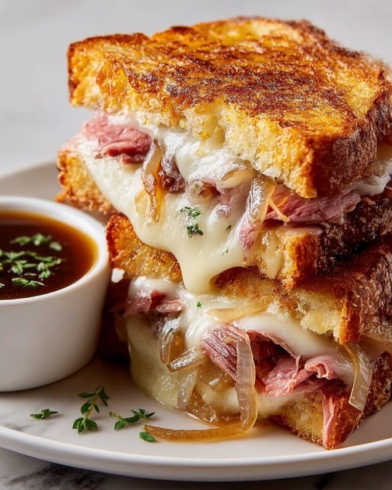 French Dip Grilled Cheese with Caramelized Onions, Roast Beef, and Rich Au Jus Recipe