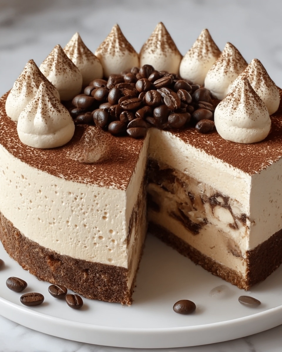 The image shows a cheesecake with three visible layers: a thick, crumbly brown crust at the bottom, a thick creamy beige middle layer with a smooth yet slightly textured surface, and a thin dusting of dark cocoa powder on top in a smooth layer. On the top edge, there are evenly spaced swirls of creamy beige frosting, each topped with a triangular dark chocolate cookie piece standing upright. The cake is placed on a clear glass stand, set on a white marbled surface. Photo taken with an iphone --ar 4:5 --v 7