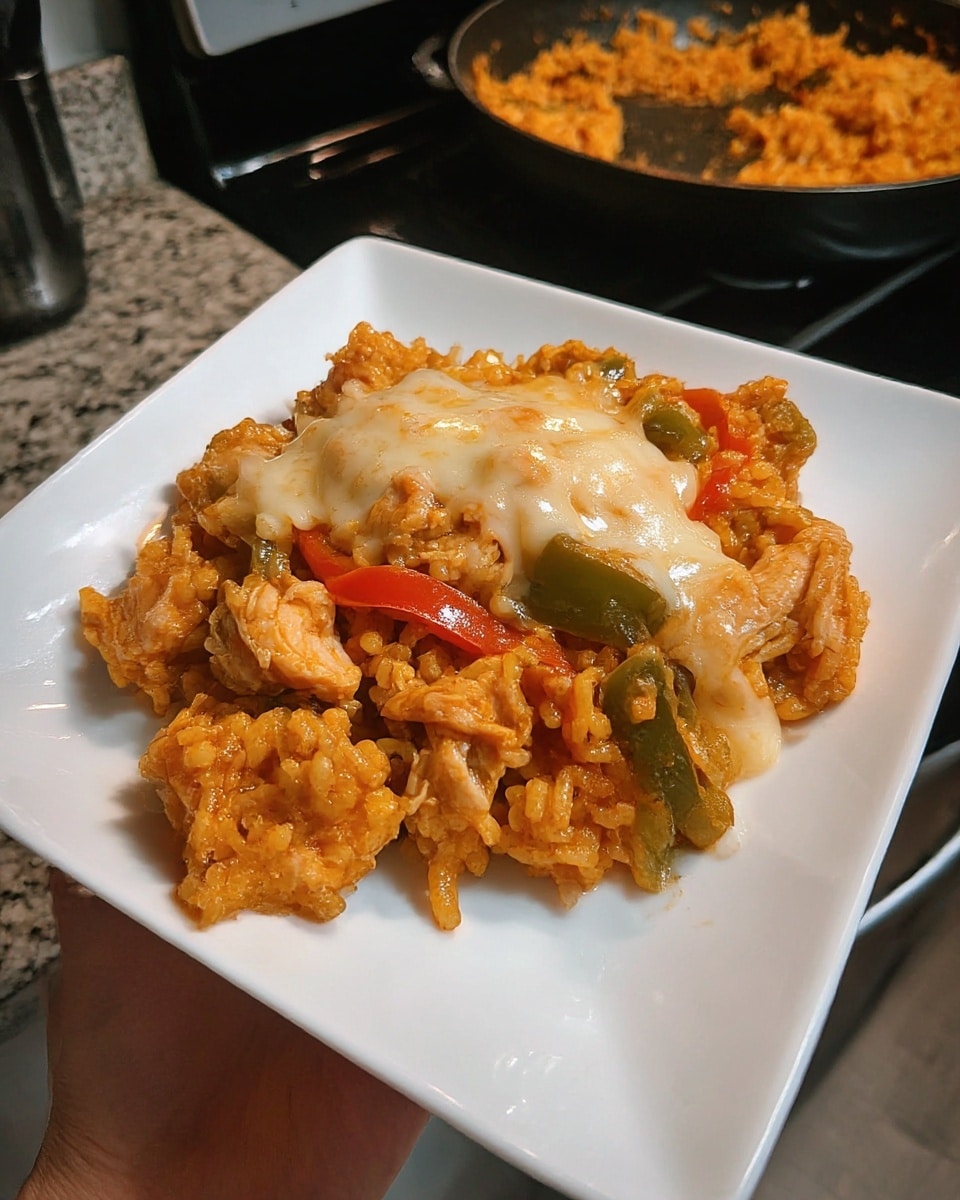 A close-up of a serving of reddish-orange rice mixed with pieces of cooked chicken and strips of green and red bell peppers. The dish is topped with a light, creamy sauce that adds a glossy texture on top. The food sits on a white square plate with a shiny surface, held by a woman's hand at the bottom left corner. In the background, more of the same dish is visible in a dark pan on a stove, resting on a white marbled surface. photo taken with an iphone --ar 4:5 --v 7