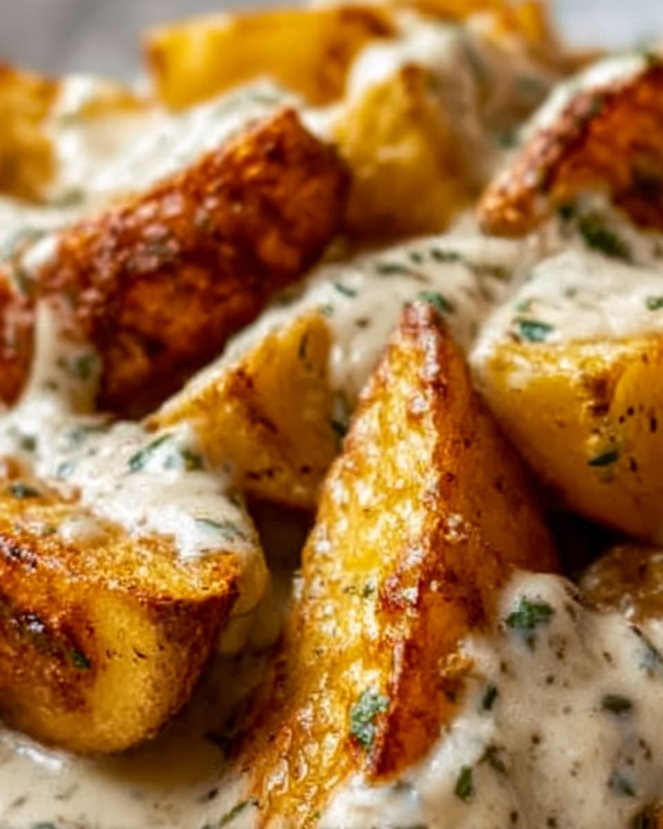 The image shows several round potato slices with a crispy, golden-brown crust on the outside. Each slice is topped with a thick layer of creamy white sauce that has green herb specks scattered throughout. The texture of the potatoes looks soft inside, contrasting with their crunchy edges. Behind some potato slices, there is a blurred hint of more food with a reddish-brown color, possibly meat. The dish is presented on a white plate placed on a white marbled surface. Photo taken with an iphone --ar 4:5 --v 7