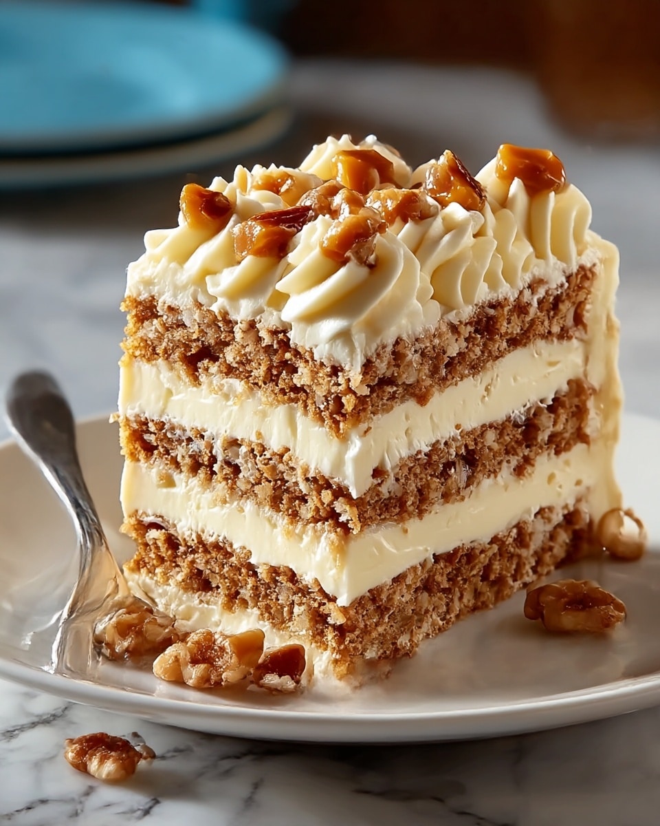 A rich slice of layered cake sits on a white plate with a shiny silver fork beside it, placed on a white marbled surface. The cake has four visible alternating layers of creamy white frosting and crumbly brown cake, creating a textured look. The top layer is thick, smooth frosting decorated with swirls of piped cream, topped with uneven chunks of shiny caramel-colored nuts. A few nuts lie scattered around the base of the cake on the plate. The background is softly blurred, focusing all attention on the detailed texture and colors of the cake. photo taken with an iphone --ar 4:5 --v 7