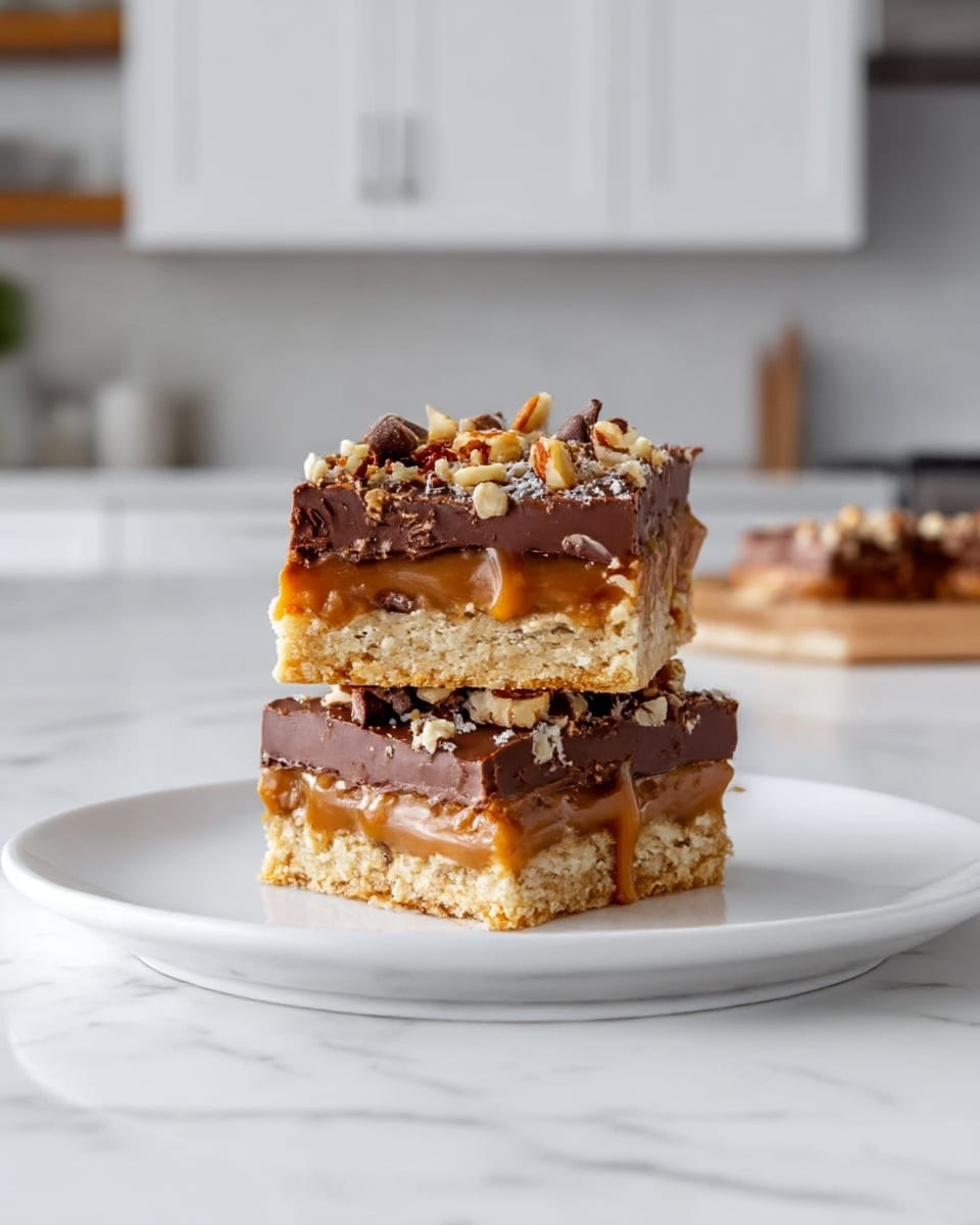 Two square dessert bars are stacked on a white plate placed on a white marbled surface, with a modern kitchen in the background. Each bar has three visible layers: the bottom layer is a light beige crumbly base with small nuts or crisp bits; the middle layer is a thick, gooey caramel that slightly oozes down the sides; the top layer consists of a glossy, dark chocolate topping scattered with chopped nuts and small chocolate pieces. The bars show rich textures from smooth caramel to crunchy nuts and the chocolate surface is uneven with swirls and chunks. photo taken with an iphone --ar 4:5 --v 7