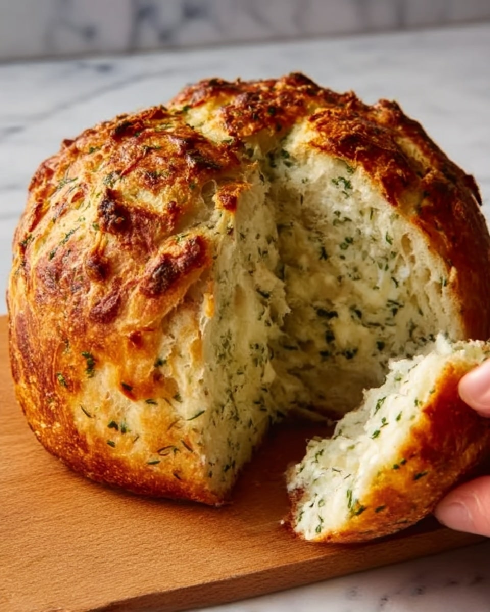 The image shows a round loaf of bread with a rough, crunchy, golden-brown crust on a white marbled surface. The bread is cut open, revealing a soft, white inside with green herb pieces spread throughout the dough. The crust looks slightly darker in some areas, showing a well-baked texture with some small cracks. The bread sits on a wooden board with natural lighting coming from the side, creating soft shadows. photo taken with an iphone --ar 4:5 --v 7