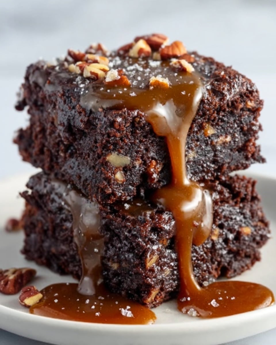 The image shows two thick, dark brown brownies stacked on top of each other on a white plate. The brownies have a dense and moist texture with melted chocolate pieces on top. A golden caramel sauce is dripping down the sides, adding shine and richness. There are small pieces of nuts sprinkled on the brownies, giving a crunchy contrast. The white marbled background highlights the rich colors of the dessert. photo taken with an iphone --ar 4:5 --v 7
