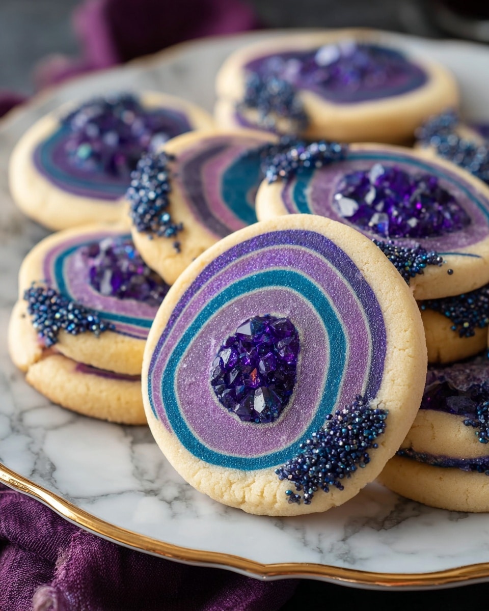 The image shows round cookies styled like geodes on a white plate with gold trim, placed on a white marbled texture. Each cookie has multiple layers forming concentric rings with colors including cream, purple, and dark blue. The center of each cookie has a rough, crystal-like texture in shiny purple and blue, resembling crystals. The edges of some cookies are decorated with small, dark sprinkles. Photo taken with an iphone --ar 4:5 --v 7