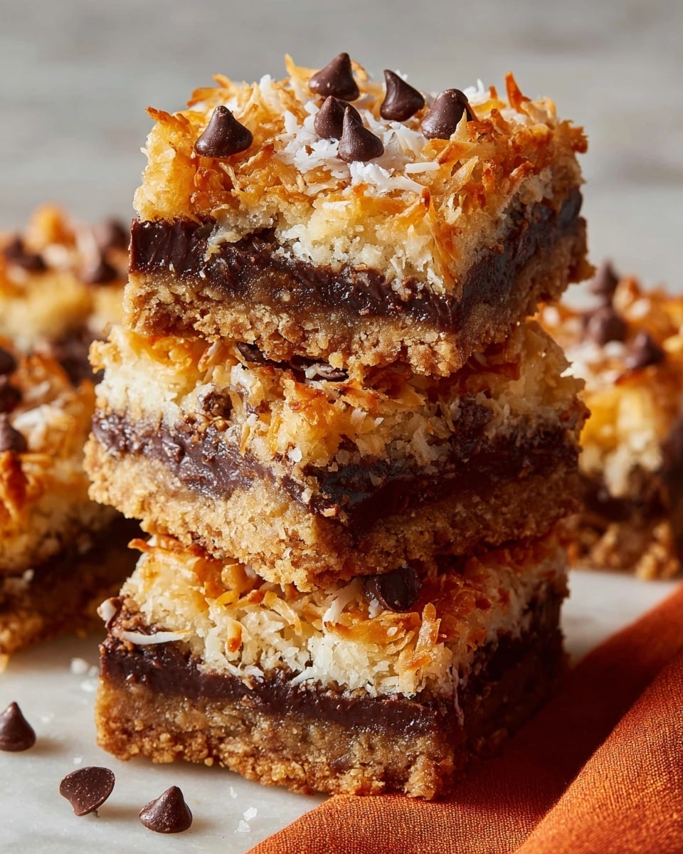 The image shows a close-up of three layered dessert bars stacked on top of each other, each with a crumbly light brown crust at the bottom, followed by a thick dark chocolate layer mixed with nuts, topped with a golden brown coconut and walnut layer with bits of melted chocolate chips on top. The texture of the top layer looks crunchy and slightly sticky, while the bottom crust appears firm and crumbly. The bars sit on a white marbled surface with an orange cloth partly visible on the right side. Photo taken with an iphone --ar 4:5 --v 7