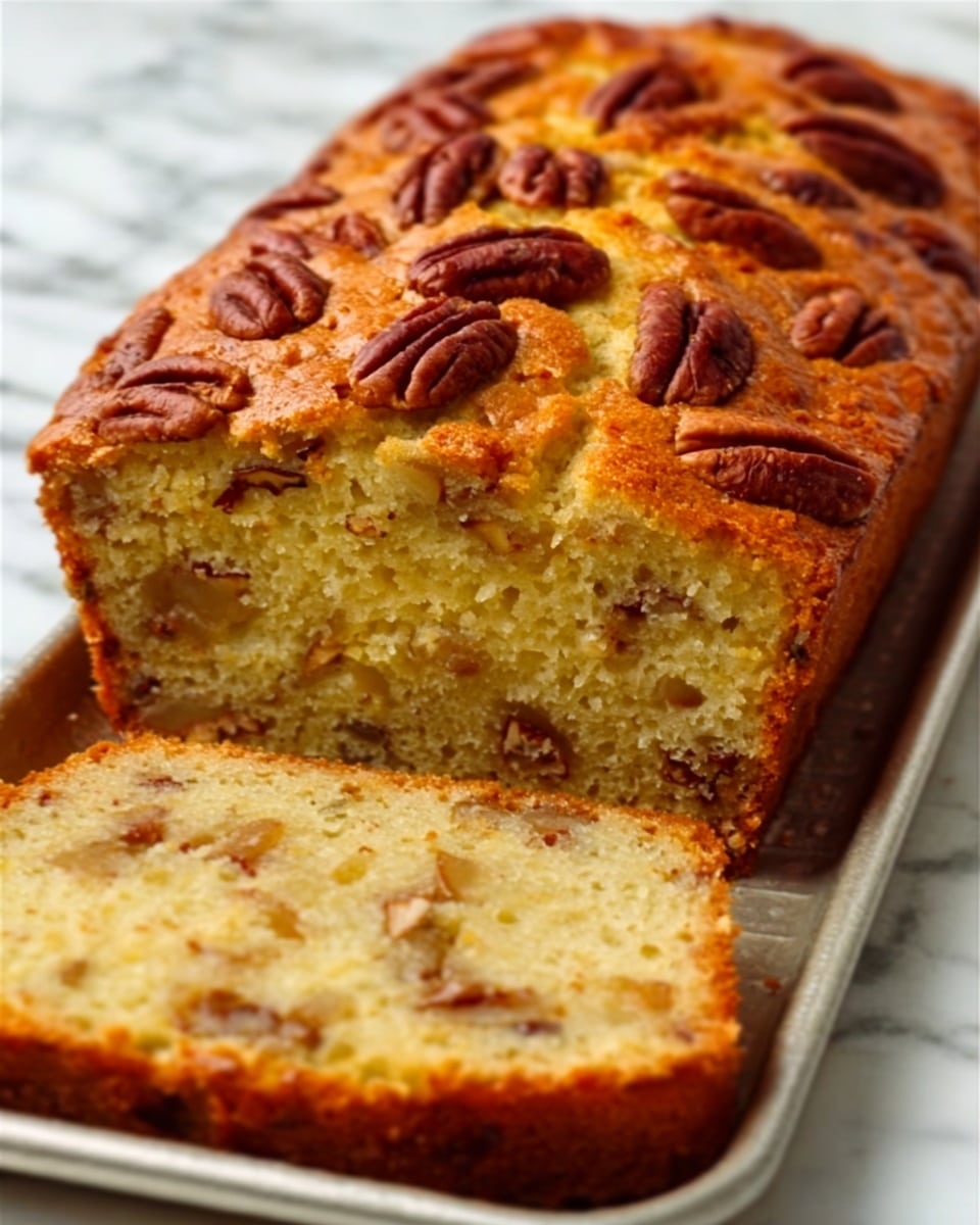 The image shows a loaf of nut bread with a golden brown crust, sitting inside a dark metal loaf pan. The top layer is covered with whole pecans, arranged unevenly. The inside of the loaf is a light beige color with visible pieces of chopped nuts scattered evenly throughout the soft, moist texture. The background features a smooth white marbled surface that enhances the warm tones of the bread. Photo taken with an iphone --ar 4:5 --v 7