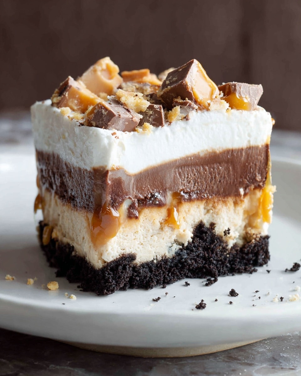 A slice of layered dessert cake with four distinct layers sits on a white plate over a white marbled surface. The bottom layer is a dark, crumbly chocolate crust, followed by a thick beige creamy layer with small dark specks. Above this is a rich, smooth dark chocolate layer, and the top layer is a fluffy white cream generously topped with pieces of caramel-colored nuts and drizzles of caramel sauce. The cake has been cut into, showing the melting smoothness of each layer, with some crumbs and sauce spread around the plate. A fork lies next to the cake slice. Photo taken with an iphone --ar 4:5 --v 7
