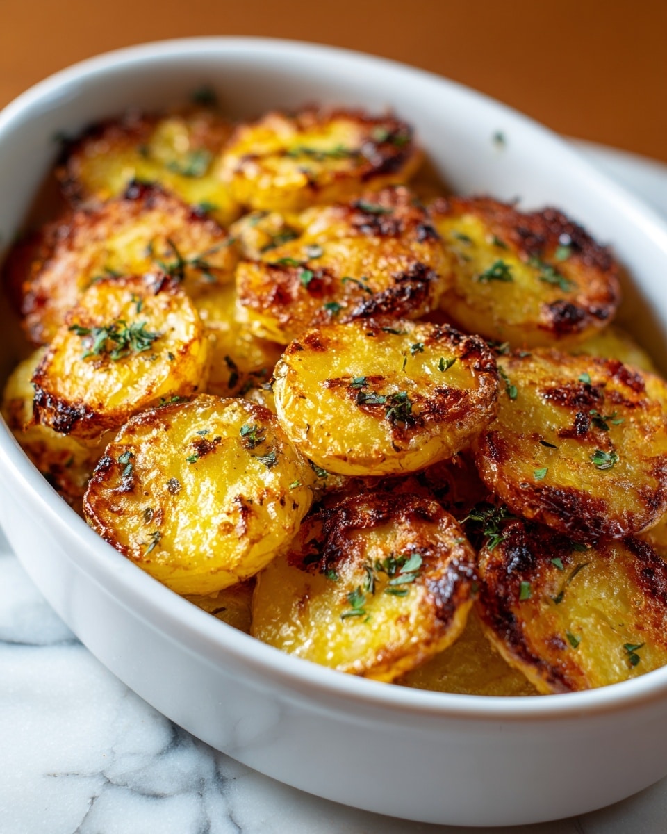 A white oval baking dish holds several thick rounds of golden roasted potatoes, each cut into chunky halves. The potatoes have a crispy, browned top layer with a rough texture, showing spots of melted cheese and lightly charred bits. The sides of the potatoes display a softer, yellowish interior. Small green herb sprigs are scattered generously over the potatoes, adding a fresh contrast to the warm tones. The dish is placed on a white marbled surface with natural light highlighting the textures and colors. photo taken with an iphone --ar 4:5 --v 7