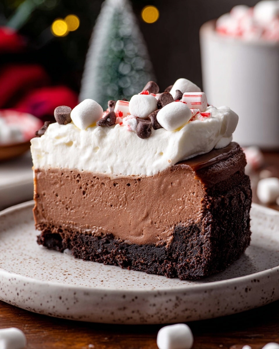 The image shows a slice of a layered dessert on a white plate with a white marbled texture beneath. The bottom layer is dark, crumbly, and chocolate-like. Above this is a smooth, thick layer of light brown chocolate. The middle layer is thick, creamy, and white with small red specks scattered throughout, giving it a peppermint look. On top, there is a glossy dark chocolate layer sprinkled with crushed red and white peppermint pieces. The dessert is decorated with three swirls of white whipped cream, each topped with small bits of crushed peppermint. Some peppermint pieces are also scattered around the plate. Photo taken with an iphone --ar 4:5 --v 7