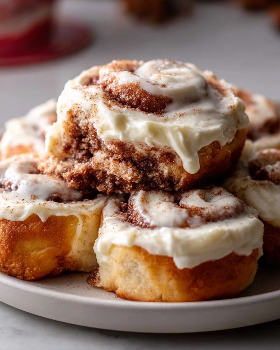 A white plate holds a pile of small cinnamon rolls, each with several spiraled layers of golden-brown dough and white cream cheese frosting spread between the layers. The rolls are topped with a crumbly layer of cinnamon sugar, giving a textured, slightly rough look. The light shines softly on the rolls, showing their warm, baked surface and the creamy frosting. The plate is set on a white marbled surface. Photo taken with an iphone --ar 4:5 --v 7
