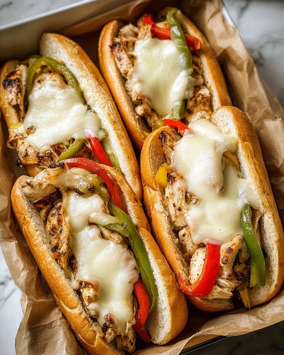 Three chicken cheesesteak sandwiches are placed side by side on brown parchment paper. Each sandwich has a soft white hoagie roll sliced open and filled with cooked chicken pieces mixed with sautéed red, green, and yellow bell pepper strips. On top of the chicken and peppers, there is a melted layer of white cheese that slightly stretches over the sides. The chicken looks grilled with some black pepper visible, and the peppers add bright pops of color. The sandwiches rest on a white marbled surface. photo taken with an iphone --ar 4:5 --v 7