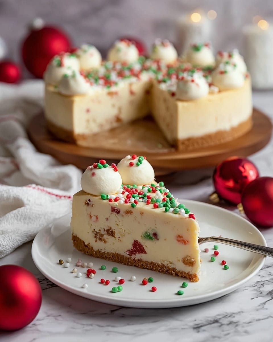 The image shows a slice of three-layered cheesecake on a white plate, with the full cheesecake in the background on a wooden board. The bottom layer is golden brown crust, smooth and firm. The middle layer is thick and creamy white cheesecake filled with small red and green bits. The top layer is decorated with white dollops of cream and scattered round red, green, and white sprinkles, giving a festive look. The background has a white marbled texture with red Christmas ornaments and a white cloth nearby, hinting at a holiday theme. photo taken with an iphone --ar 4:5 --v 7