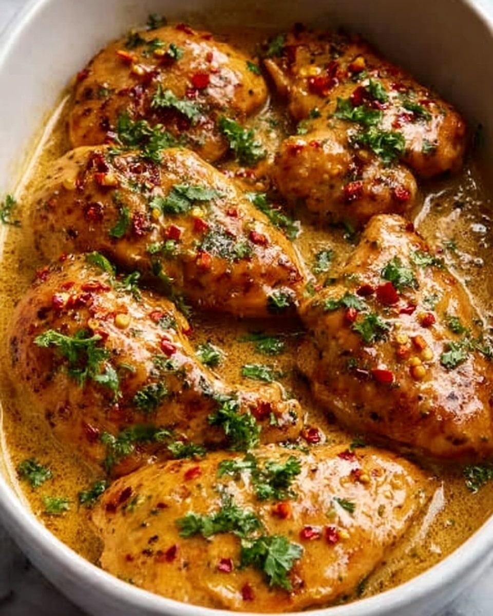 The image shows a white dish filled with several pieces of cooked chicken covered in a glossy, thick orange sauce with visible mustard seeds. Small green herb sprigs are sprinkled evenly on top of each chicken piece, adding a fresh contrast to the rich sauce. The sauce has a smooth texture with a slight shine, and the chicken pieces appear tender and juicy, sitting close together in the dish. The background is a white marbled surface. Photo taken with an iphone --ar 4:5 --v 7
