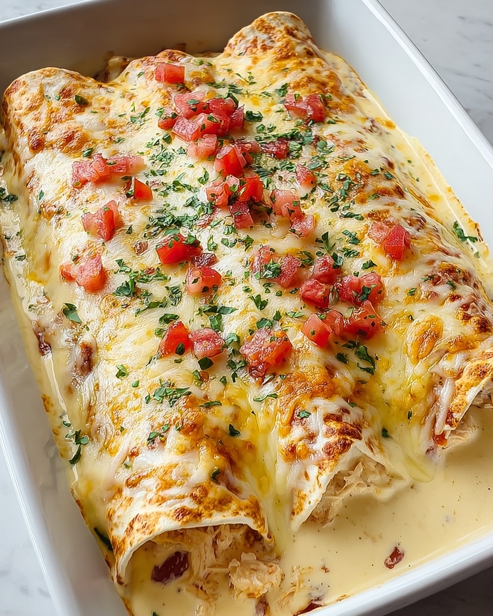 Three enchiladas are placed side by side in a white rectangular dish, covered with a creamy sauce that is light beige with red flecks. The top layer consists of melted golden-brown cheese with some spots of deeper browning, sprinkled with chopped green herbs. Small pieces of red tomatoes are scattered on top, adding a fresh color contrast. The enchiladas are tightly wrapped and the creamy sauce pools around the edges inside the dish. The background shows a white marbled texture. photo taken with an iphone --ar 4:5 --v 7