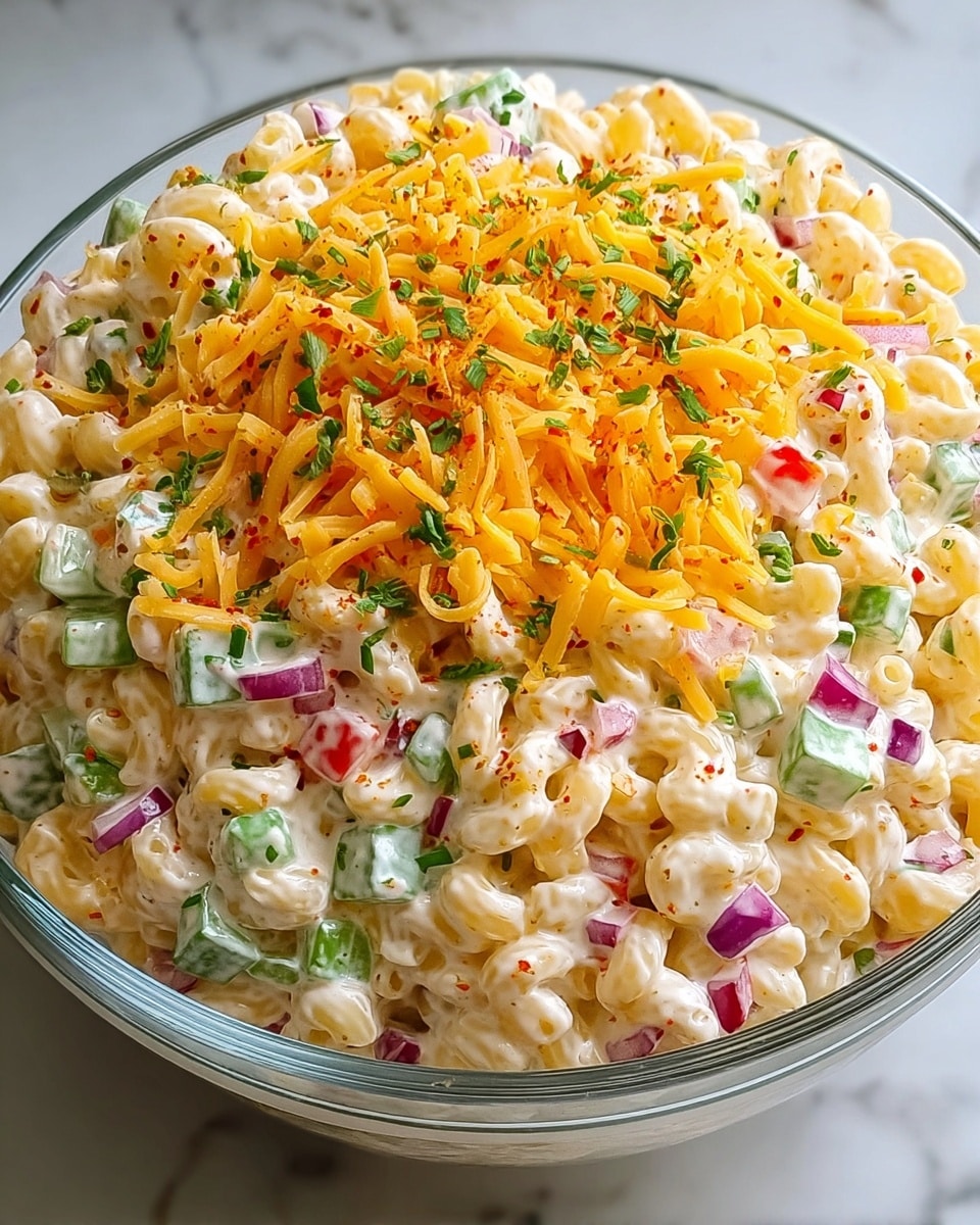 A clear round bowl filled with creamy macaroni salad made of elbow pasta, covered in a white mayo-like dressing mixed with chopped green onions, purple onion, and red bell peppers. The top layer is bright orange shredded cheddar cheese with fresh green chopped parsley sprinkled on it. Some paprika dust adds a slight red speckled contrast on the surface. The bowl is placed on a surface with a white marbled texture shining from natural light coming through a nearby window. photo taken with an iphone --ar 4:5 --v 7