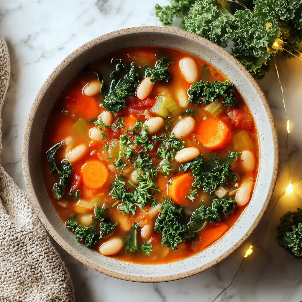 A vibrant bowl of vegetable soup featuring a clear reddish-orange broth as the base layer, with plump white beans scattered throughout. Visible above the broth are bright orange carrot slices, small light green celery chunks, and tender translucent onion pieces, all mixed evenly. Dark green kale leaves with ruffled edges float on top, adding texture and a fresh look. The soup is garnished with finely chopped parsley sprinkled over the center. The bowl rests on a white marble surface with some leafy kale in the background and soft warm fairy lights on the side, alongside a cozy beige textured fabric. Photo taken with an iphone --v 7.0