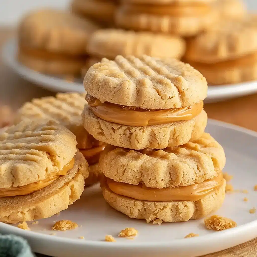The image shows a stack of three peanut butter sandwich cookies on a white plate, each with two light golden-brown textured cookies forming the top and bottom layers, marked by crisscross fork impressions. Between each cookie pair is a smooth, creamy peanut butter filling layer of a rich caramel color. Surrounding the stack are several similar sandwich cookies, some partially visible, and small cookie crumbs scattered on the plate. The close-up highlights the soft, slightly cracked texture of the cookie edges and the glossy thickness of the peanut butter filling. Photo taken with an iphone --v 7.0