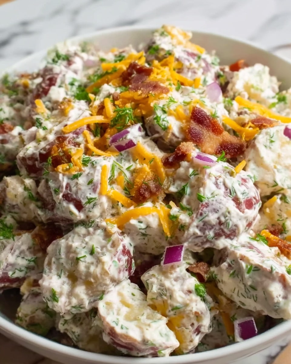 A close-up image of a white bowl filled with a creamy potato salad. The potato pieces are medium-sized, mostly red-skinned, mixed with visible green herbs like dill and small bits of orange shredded cheese. The creamy dressing covers most of the ingredients and has a slightly lumpy texture with white and light green colors. The salad looks fresh and rich, placed on a white marbled surface. Photo taken with an iphone --ar 4:5 --v 7