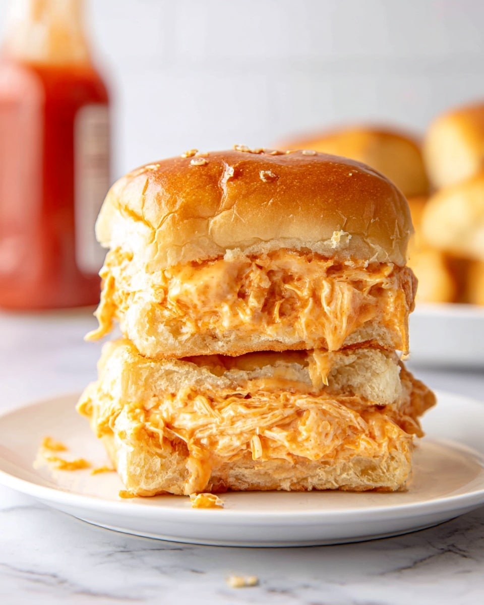 A close-up of a creamy chicken sandwich on a white plate set on a white marbled surface, featuring a soft, golden-brown, slightly shiny top bun. Beneath the bun is a thick layer of shredded chicken mixed with a smooth, orange sauce, giving a rich, moist texture. Below this is a fluffy, lightly toasted middle bun layer soaked with more of the creamy orange sauce, sitting on another pile of shredded chicken and sauce, resting on the bottom soft white bread. The sandwich looks very full and messy, with sauce dripping slightly around the edges. In the background, a glass bottle of red sauce is blurred. Photo taken with an iphone --ar 4:5 --v 7