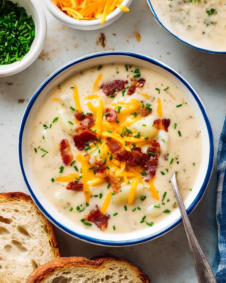 A creamy soup fills a white bowl with a blue rim, featuring small white potato chunks in a thick, pale beige broth. On top, there are scattered pieces of crispy, reddish-brown bacon, bright orange shredded cheddar cheese, and small chopped green chives, adding color contrast. A silver spoon dipped in the soup rests on the right side of the bowl. Near the bowl, slices of light golden bread with a porous texture lie on a white marbled surface, and in the background, a bowl of chopped green chives and another of shredded cheddar cheese sit slightly blurred. photo taken with an iphone --ar 4:5 --v 7