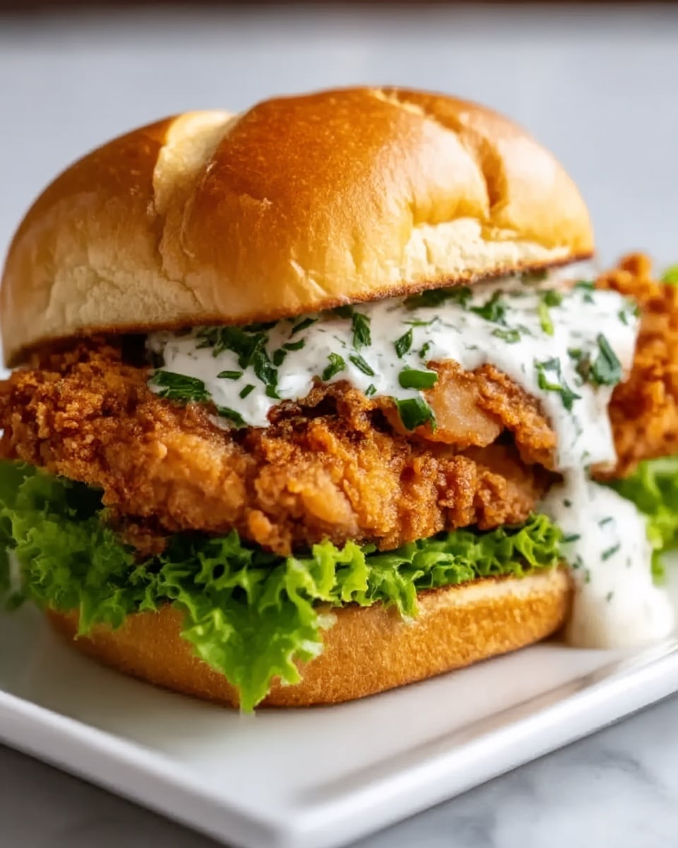 The image shows a close-up of a fried chicken sandwich with three main layers. The bottom layer is a soft, golden-brown sandwich bun. On top of this bun is a layer of fresh, green lettuce with a slightly ruffled texture. Above the lettuce lies a thick, crispy fried chicken fillet, which is golden brown with a crunchy texture. Sitting on the chicken is a white creamy sauce with green herbs mixed in, lightly spread and dripping slightly over the edges. The sandwich is topped with the soft, golden-brown top bun. The sandwich sits on a white plate, placed on a white marbled surface. photo taken with an iphone --ar 4:5 --v 7