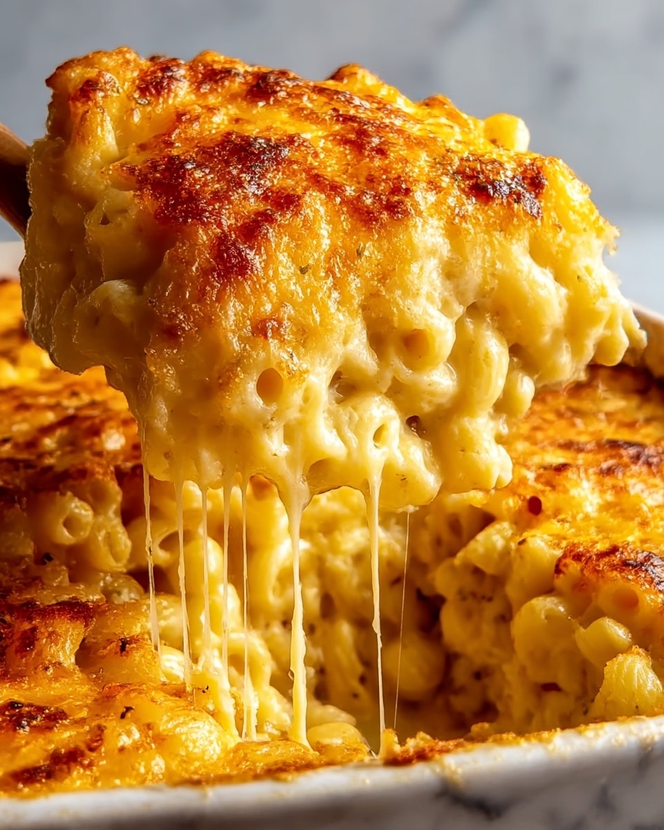 A close-up of a creamy macaroni and cheese being lifted, showing one thick layer of small macaroni pasta coated in melted, gooey cheese that stretches as it is pulled. The top layer is golden-brown with crispy, toasted cheese spots and slightly charred edges, giving a crunchy texture contrast to the soft, cheesy noodles underneath. The macaroni pieces are tightly packed, creamy, and smooth, with a rich, shiny surface under warm lighting, all set on a white marbled texture background. photo taken with an iphone --ar 4:5 --v 7