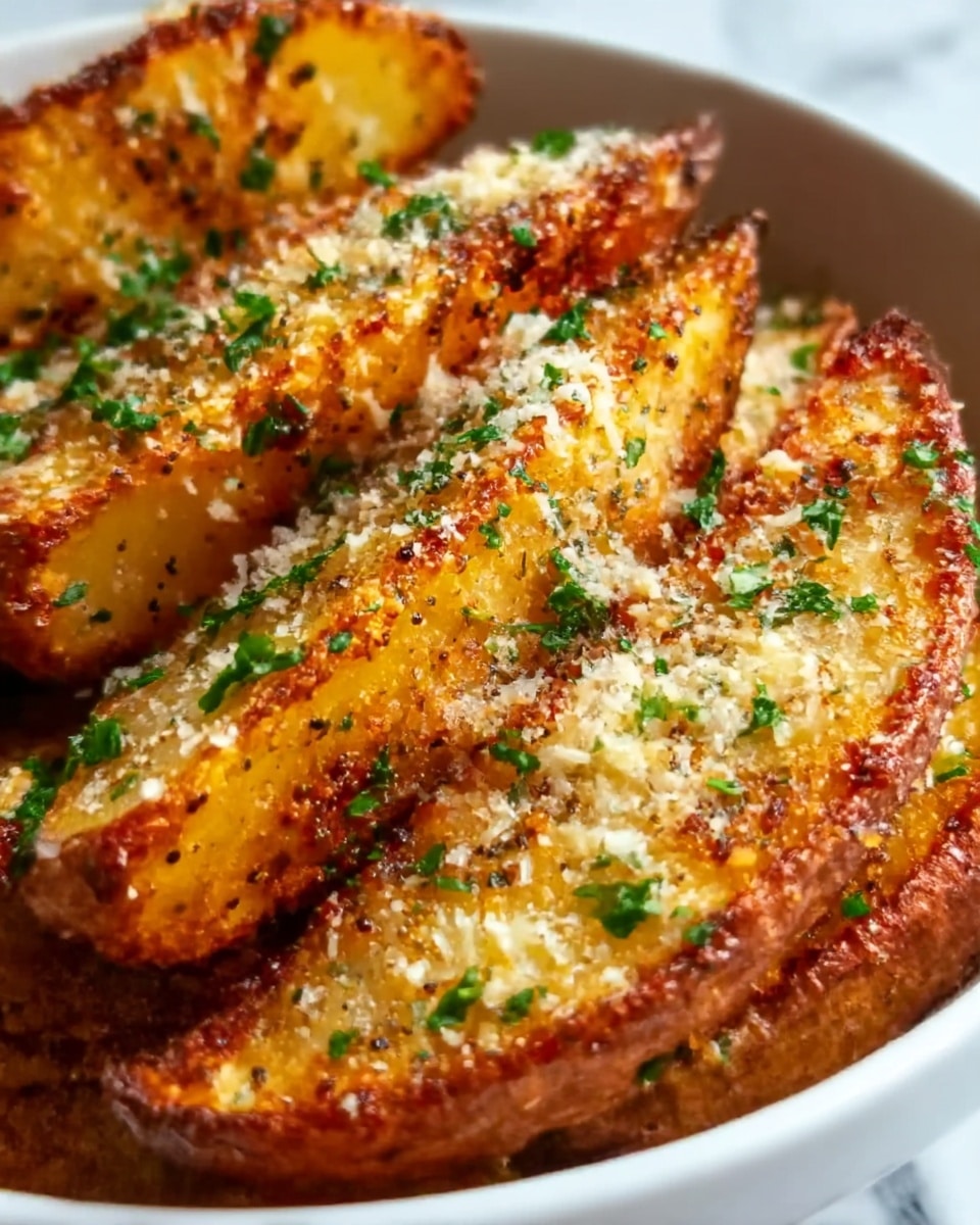 The image shows several thick potato wedges cooked until crispy golden brown with some darker charred spots. Each wedge is sprinkled with finely chopped green herbs and grated cheese that melts slightly on the hot potatoes. The potato skin looks crunchy, and the soft, warm inside is visible at the edges. The wedges sit close together, showing a mix of rough, crispy textures and soft, tender parts. The background is a white marbled surface. photo taken with an iphone --ar 4:5 --v 7