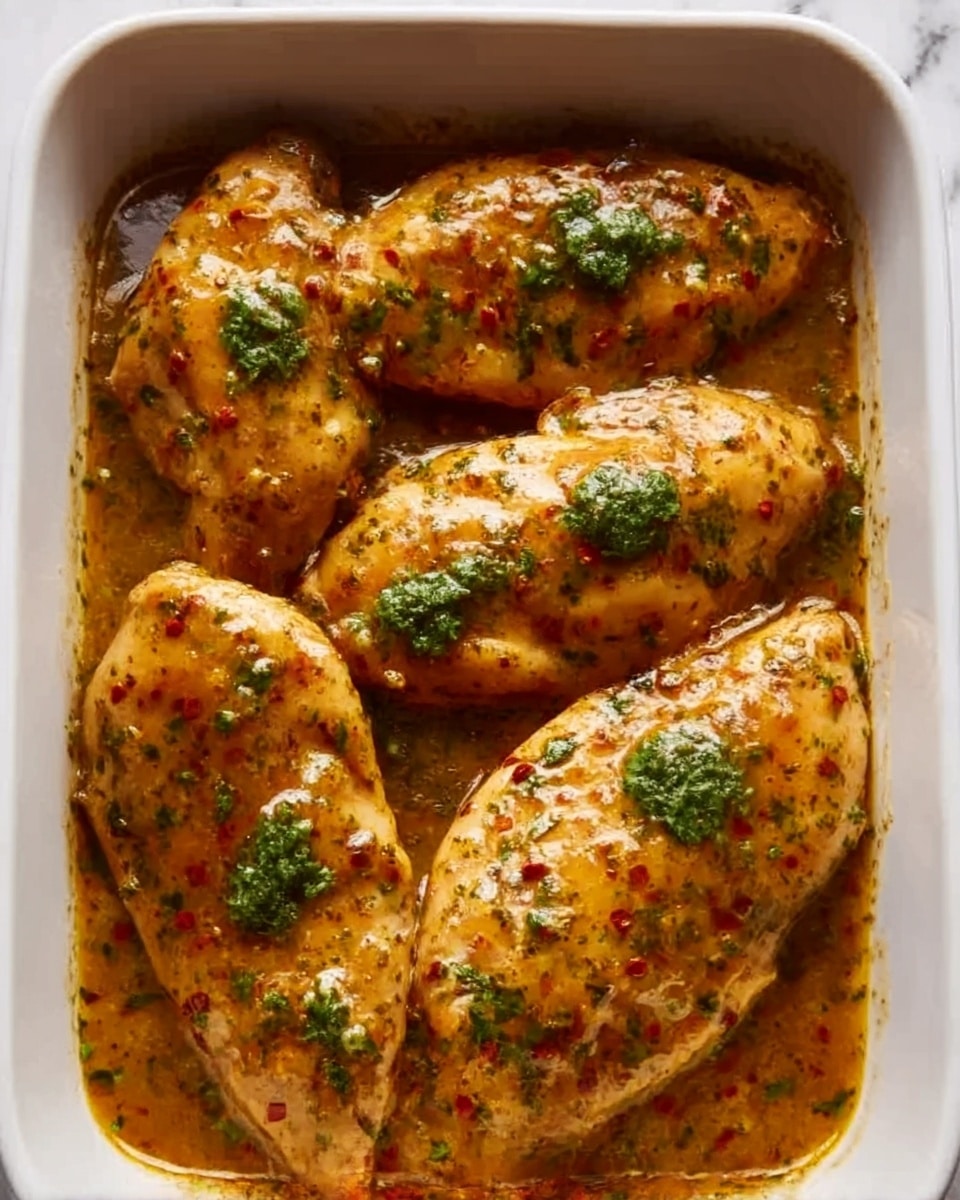 The image shows five golden-brown chicken breasts covered in a thick, glossy sauce with visible mustard seeds and herbs. The chicken pieces sit closely together in a white dish, with the sauce pooling around them. Small sprigs of fresh green parsley are scattered evenly on top, adding a touch of vibrant green color. The sauce looks rich and creamy with a slightly rough texture from the mustard seeds. The background is a white marbled surface. Photo taken with an iphone --ar 4:5 --v 7