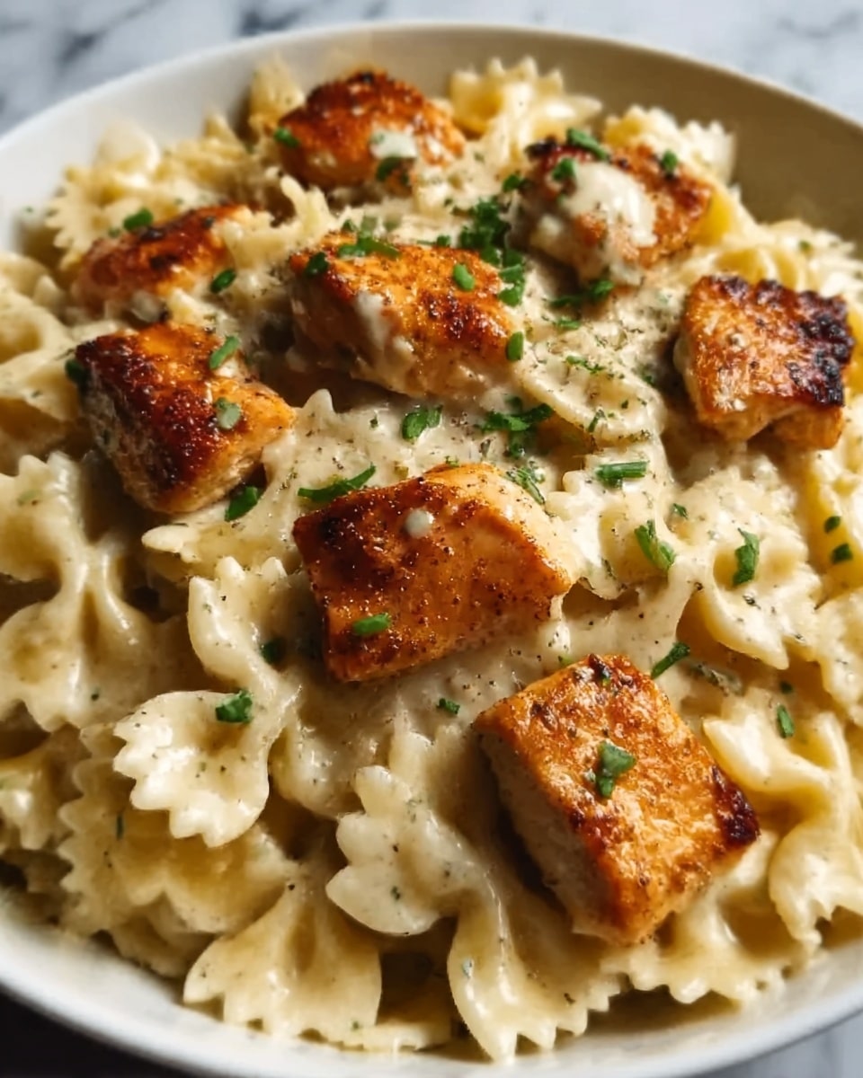 A close-up of a dish with three layers starting with creamy, light-yellow bowtie pasta that fills the white plate, showing a soft and smooth texture with gentle curves. On top of the pasta, there are evenly spread medium-sized chunks of grilled chicken, which have a golden-brown color with a slightly crispy outside and tender inside. The chicken pieces have small black pepper specks and some tiny green herbs sprinkled over them, adding contrast and freshness. The background is a white marbled texture. Photo taken with an iphone --ar 4:5 --v 7