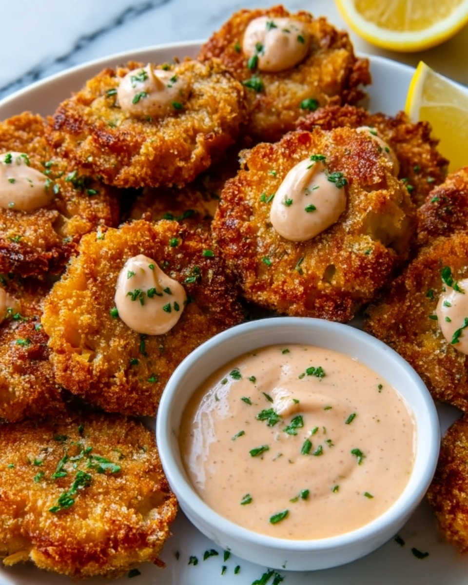 The image shows a white round plate filled with golden-brown fried cauliflower bites, each coated with a crunchy breading layer and garnished with small green herb pieces scattered on top. A few cauliflower bites have a creamy, light orange sauce drizzled over them. In the center of the plate sits a small white round bowl filled with a smooth, pale orange dipping sauce. A partially visible yellow lemon wedge is placed on the edge of the plate. The whole scene is set on a white marbled surface, and the light highlights the crispy texture of the fried cauliflower bites well. Photo taken with an iphone --ar 4:5 --v 7